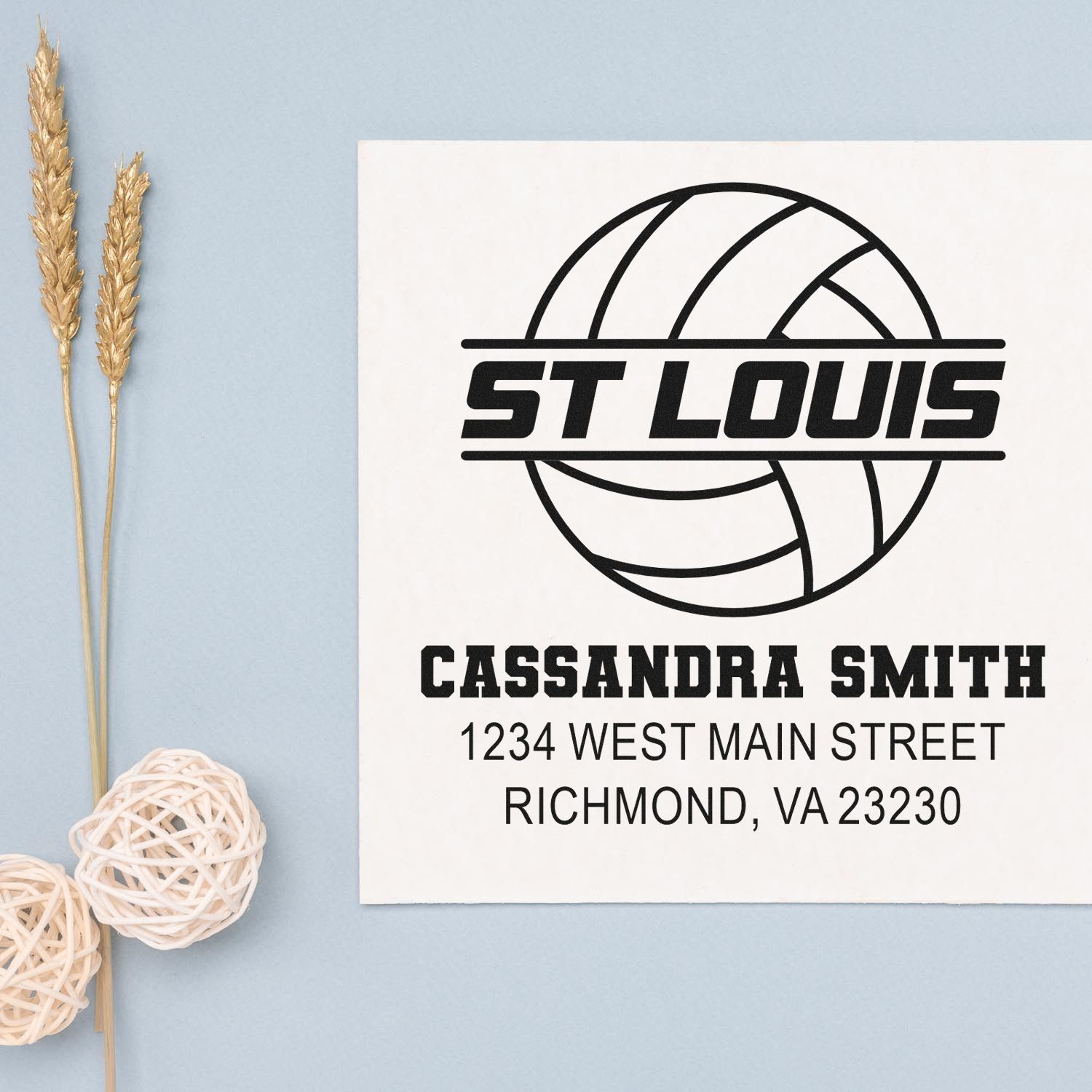 Personalized volleyball return address rubber stamp for Cassandra Smith, Richmond, VA 23230.