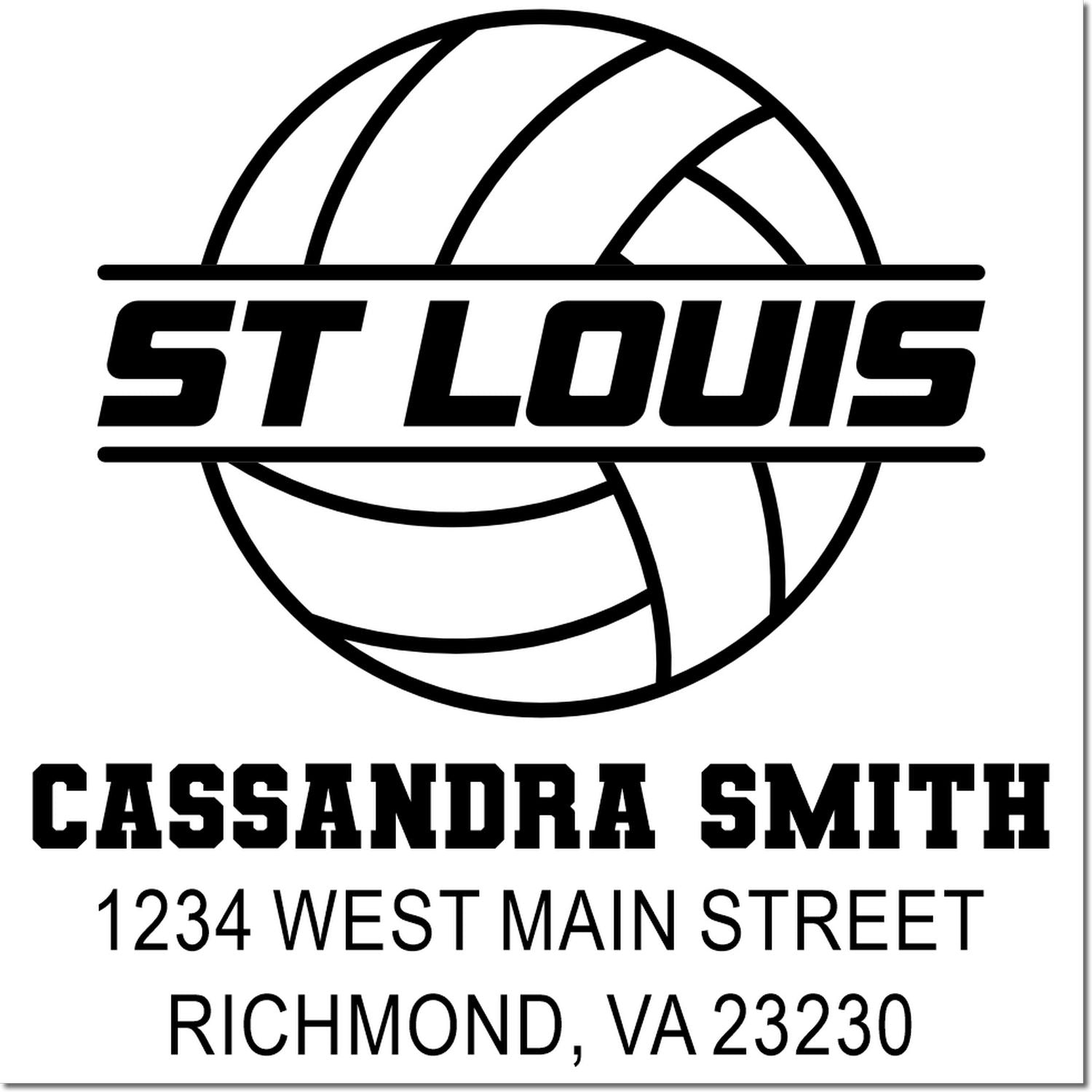 Custom St. Louis volleyball rubber stamp for Cassandra Smith, 1234 West Main Street, Richmond, VA 23230.