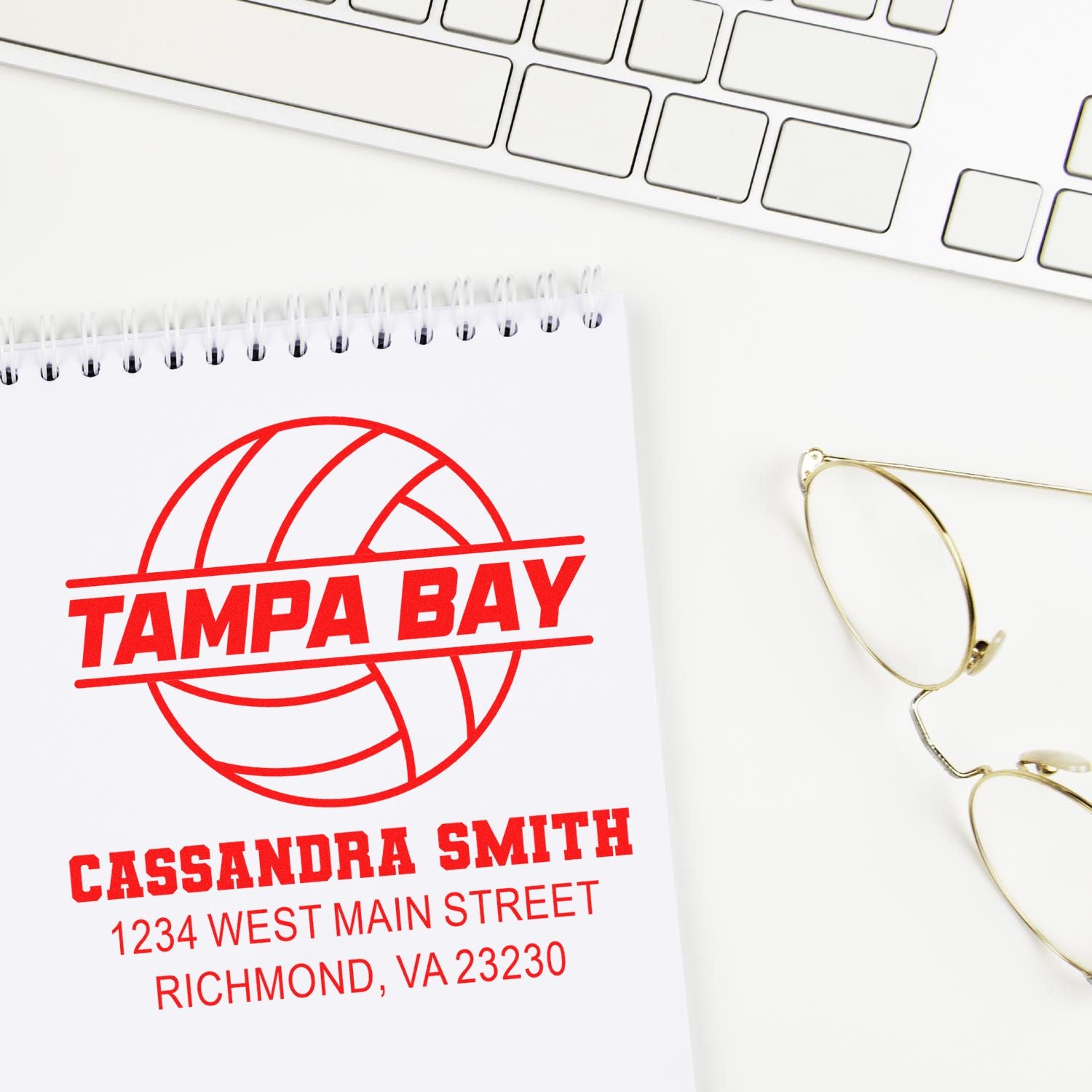 Personalized Tampa Bay volleyball rubber stamp with name and Richmond, VA address