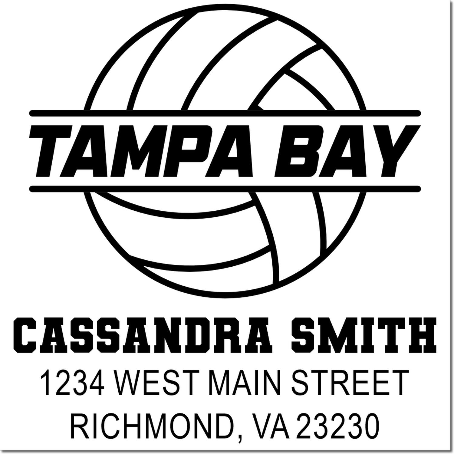 Custom rubber stamp with Tampa Bay volleyball logo, Cassandra Smith, and Richmond, VA 23230 address.