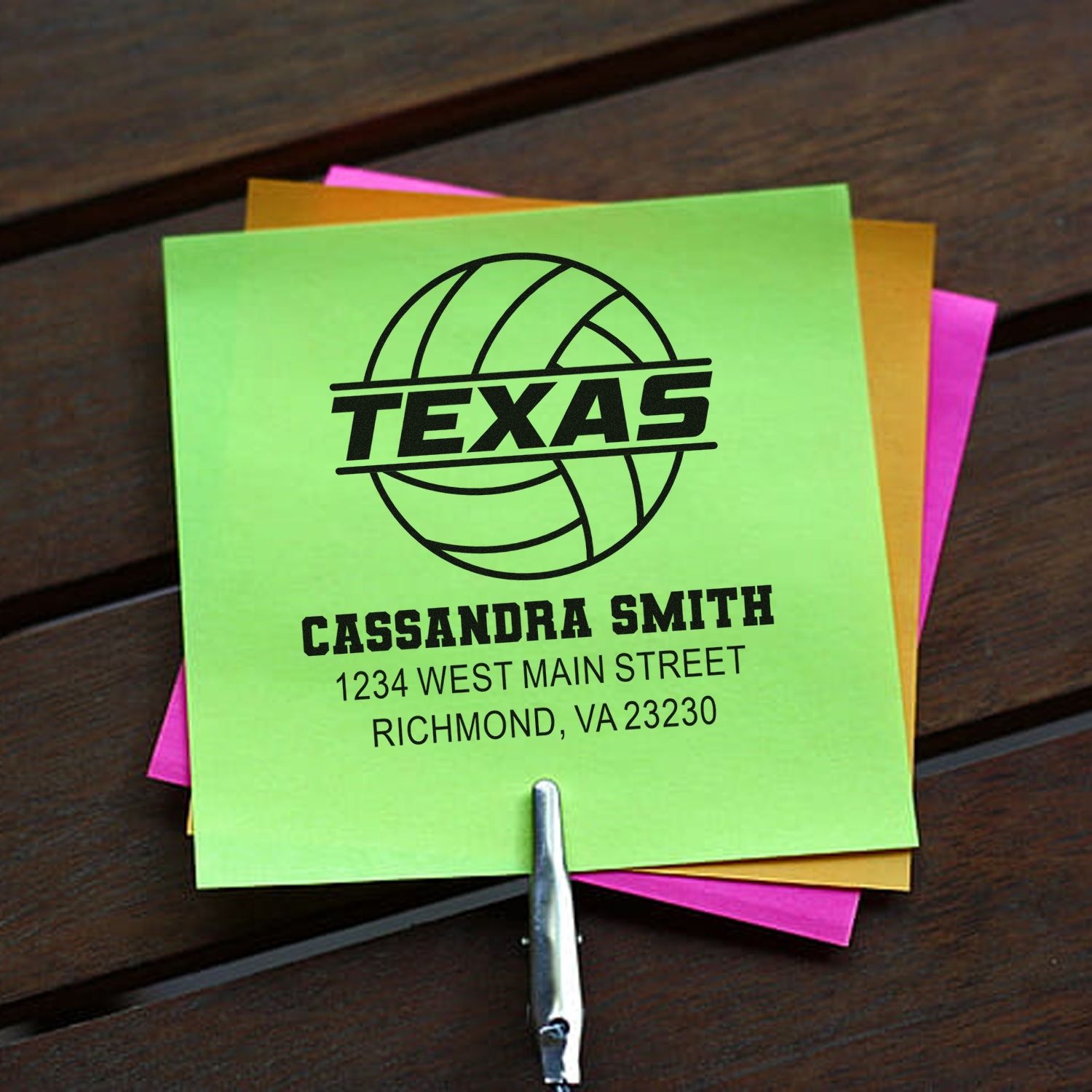 Custom Texas volleyball rubber stamp with name and address for personalized school and sports mailings
