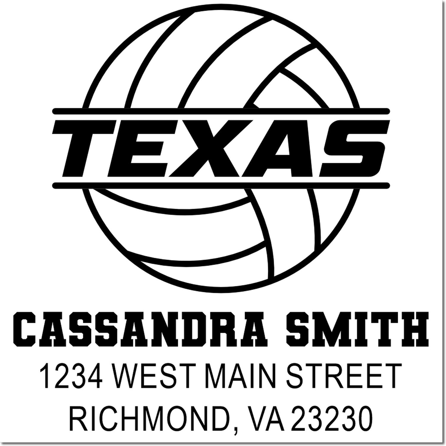 Custom Texas volleyball return address rubber stamp for Cassandra Smith, 1234 West Main Street, Richmond, VA 23230.