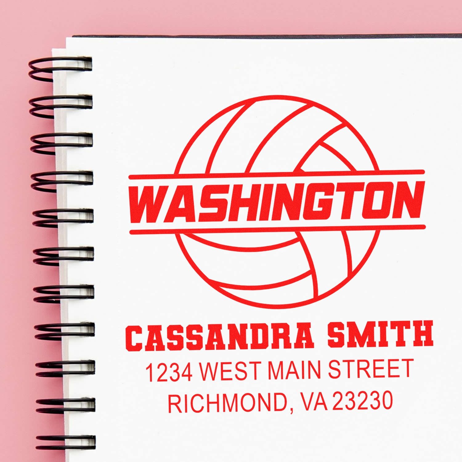 Custom Washington volleyball rubber stamp with name and address, ideal for personalized sports team branding or stationery.