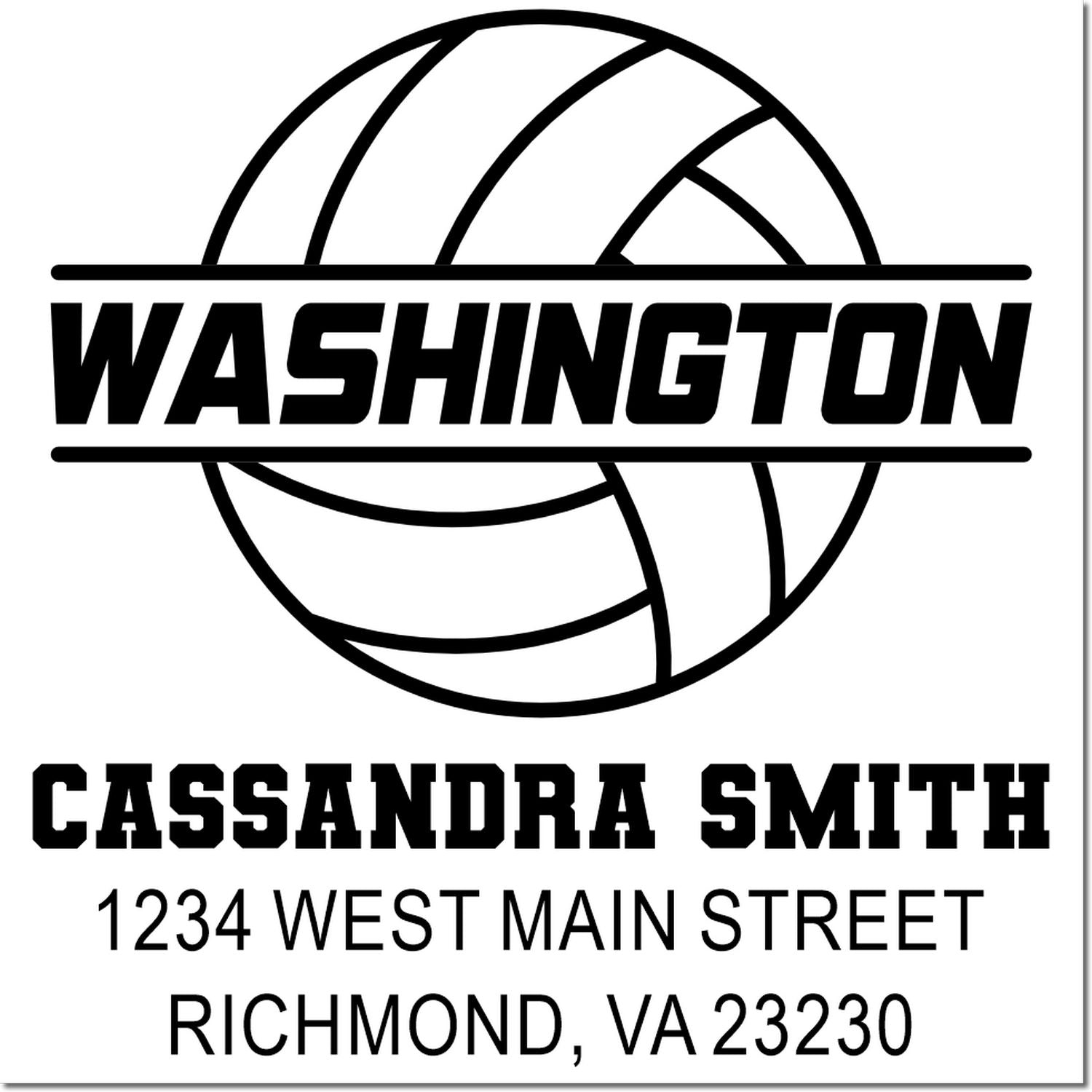 Custom Washington volleyball address rubber stamp for Cassandra Smith, 1234 West Main Street, Richmond, VA 23230.
