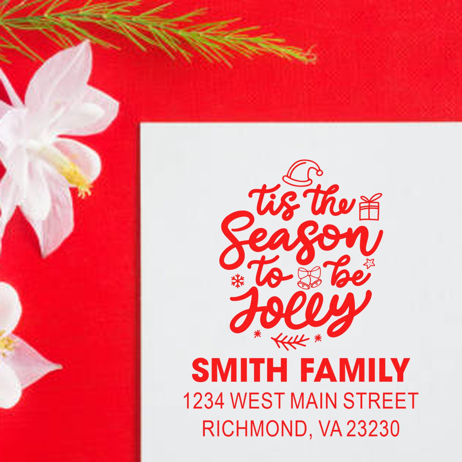 Custom holiday return address rubber stamp featuring Tis the Season to be Jolly for the Smith family.