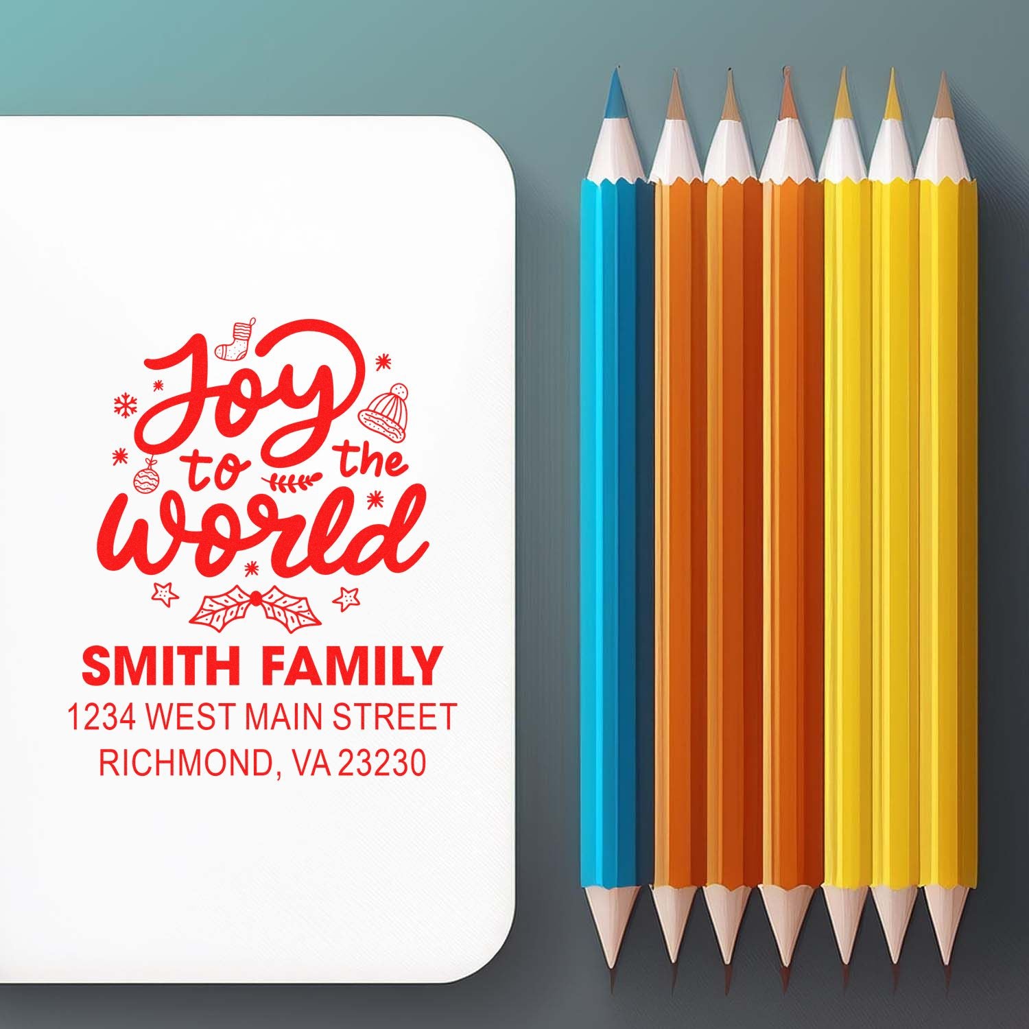 Custom Christmas return address rubber stamp with Joy to the World design for Smith family holiday mail.