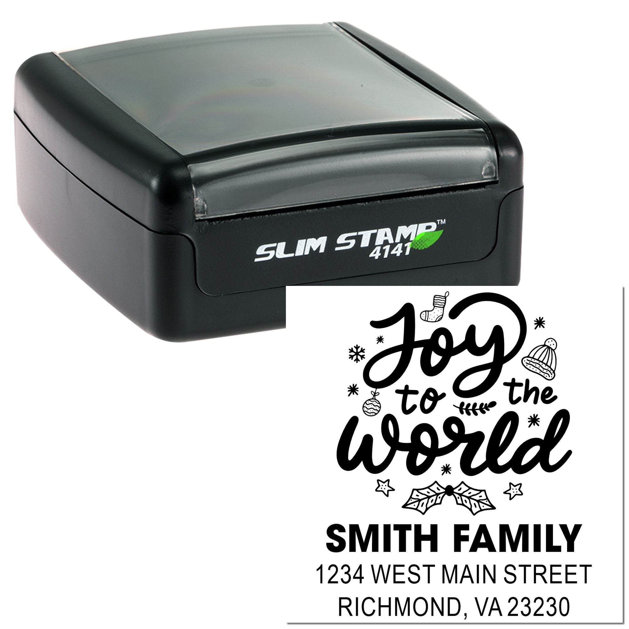 Custom holiday return address rubber stamp with Joy to the World design for family mailings and Christmas cards.