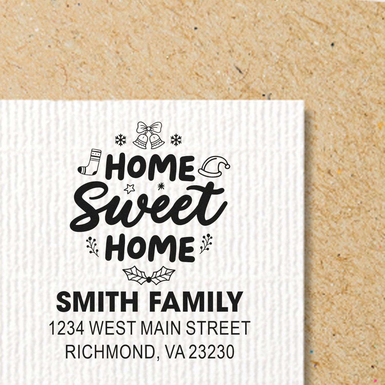 Custom holiday return address rubber stamp with Home Sweet Home design for Smith Family, Richmond, VA.