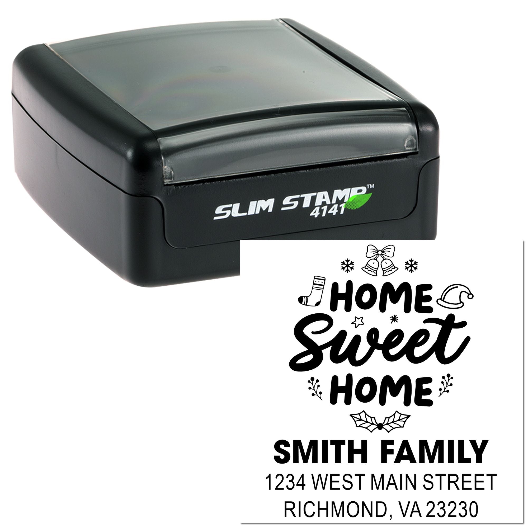 Custom self-inking rubber stamp with Home Sweet Home return address design for Smith Family personalized mailings.