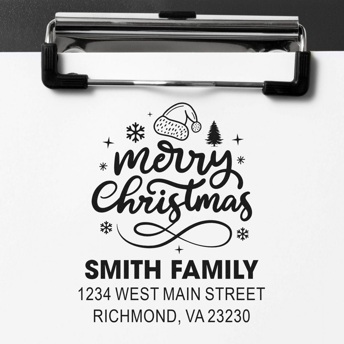 Custom Merry Christmas return address rubber stamp for Smith Family, 1234 West Main Street, Richmond, VA 23230.