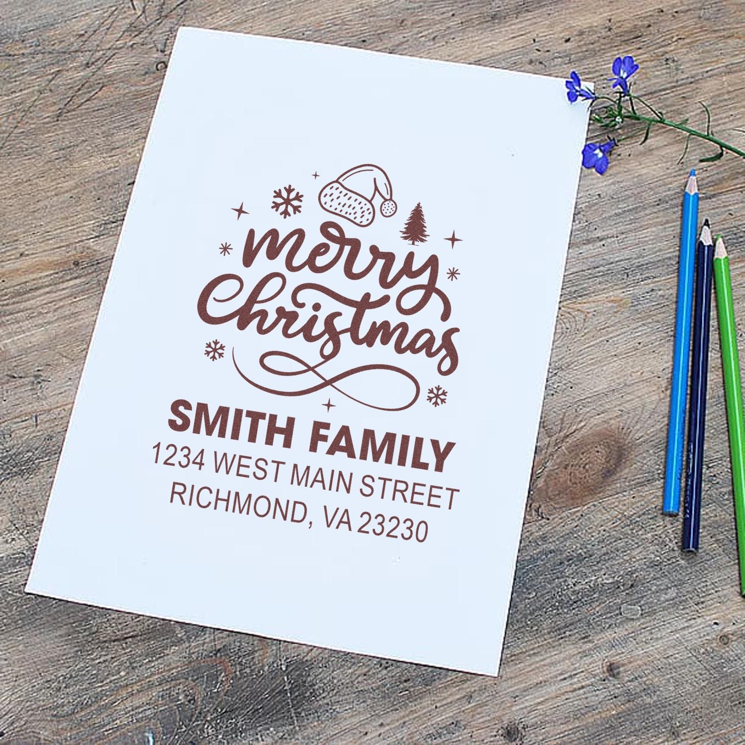 Custom Merry Christmas return address rubber stamp for holiday cards, featuring Smith family name and address.