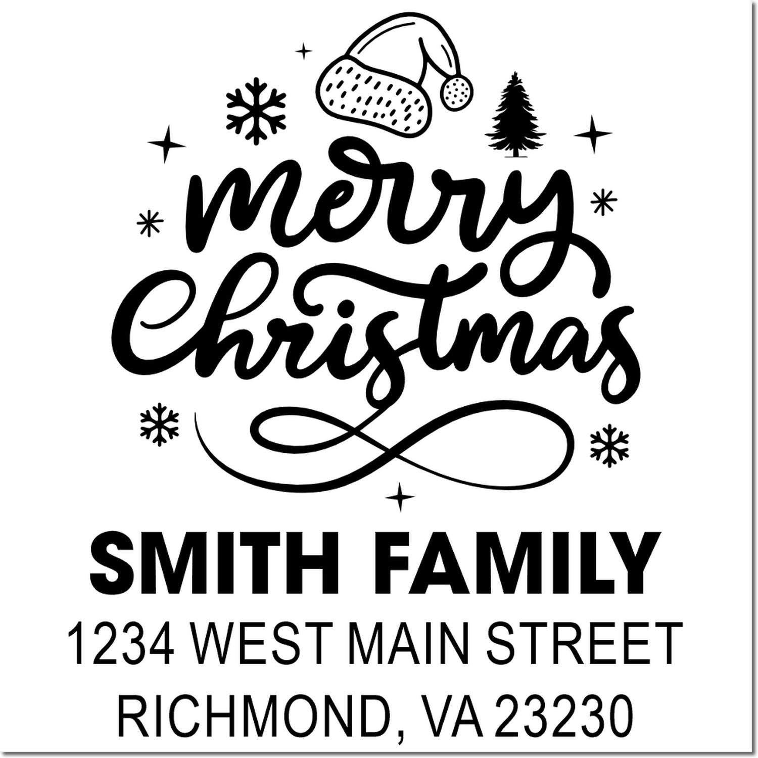 Custom Merry Christmas address rubber stamp for Smith family holiday cards, with Santa hat, tree and snowflakes.