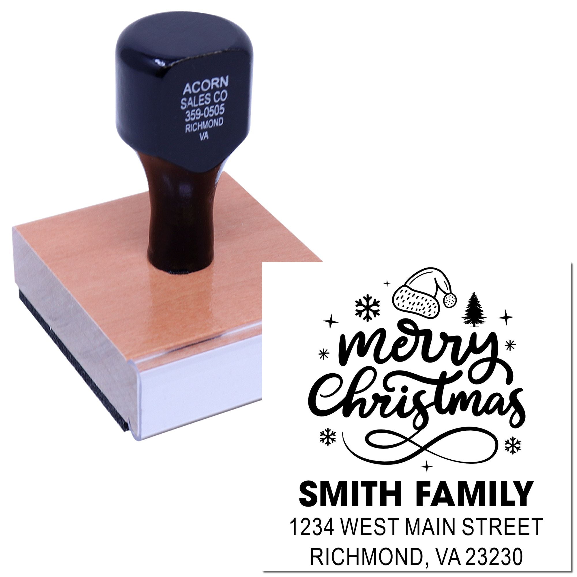 Custom Christmas return address rubber stamp with Merry Christmas design for Smith family holiday cards and envelopes.