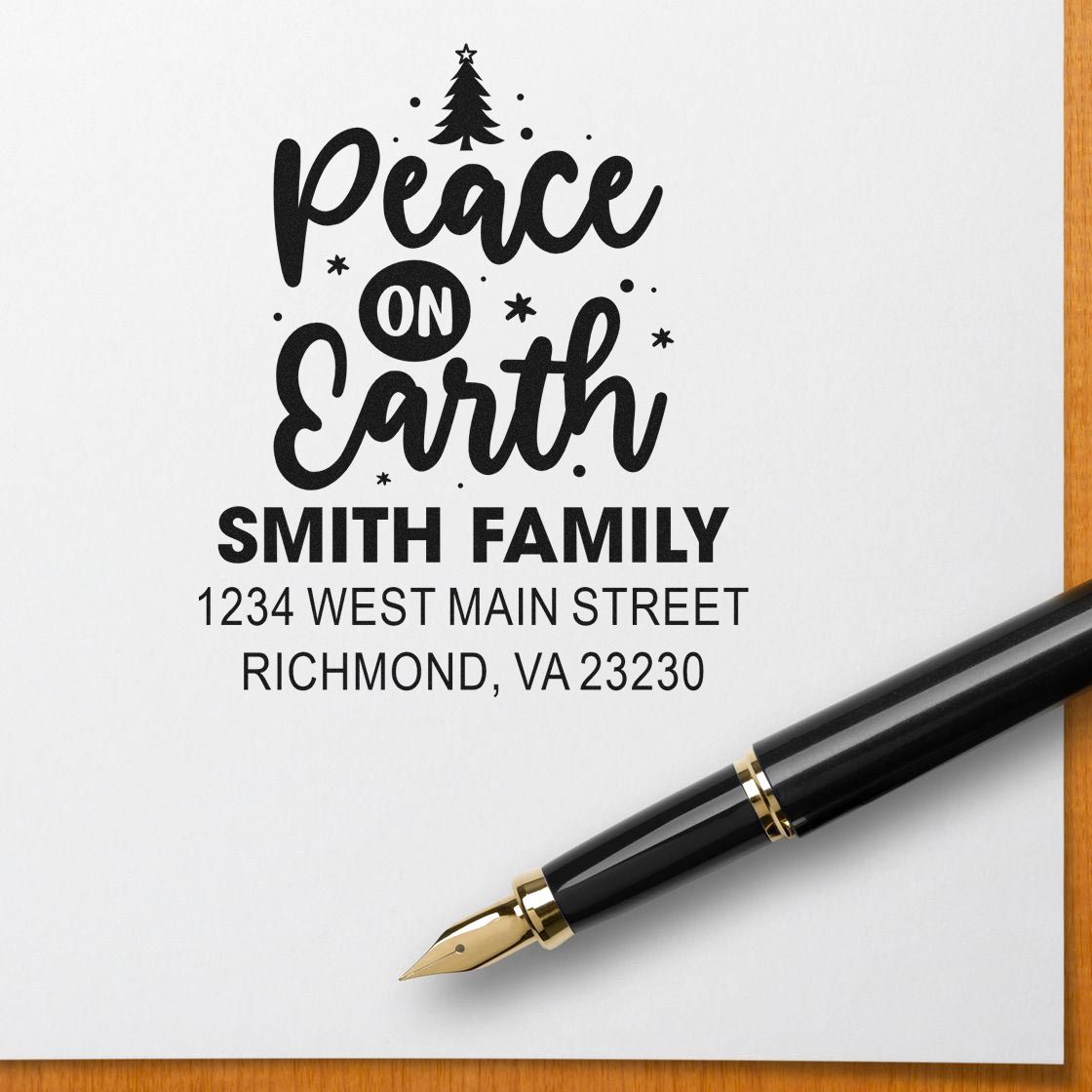 Custom holiday address stamp with Peace on Earth design for Smith family return address and Christmas cards.