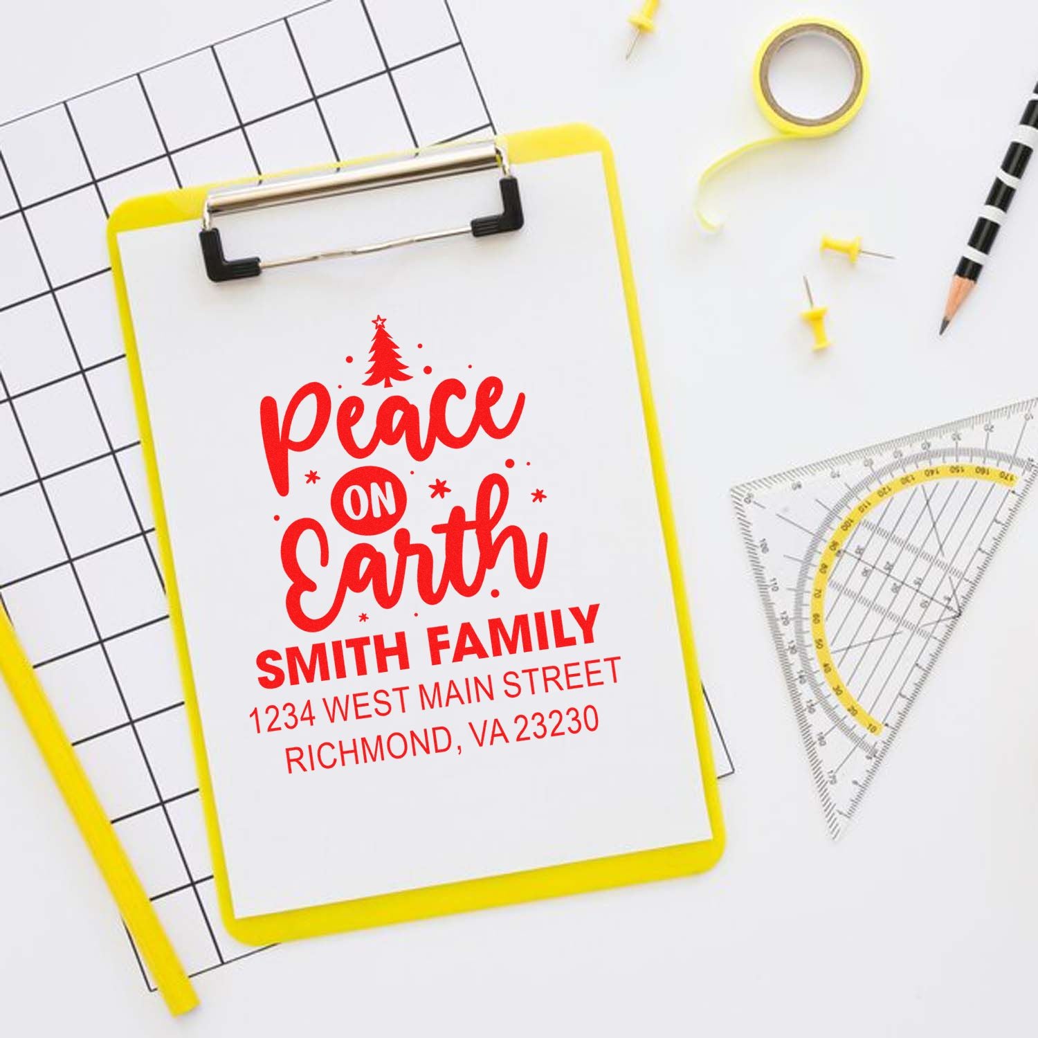 Personalized holiday address rubber stamp with Peace on Earth design for Smith family Christmas cards and stationery.