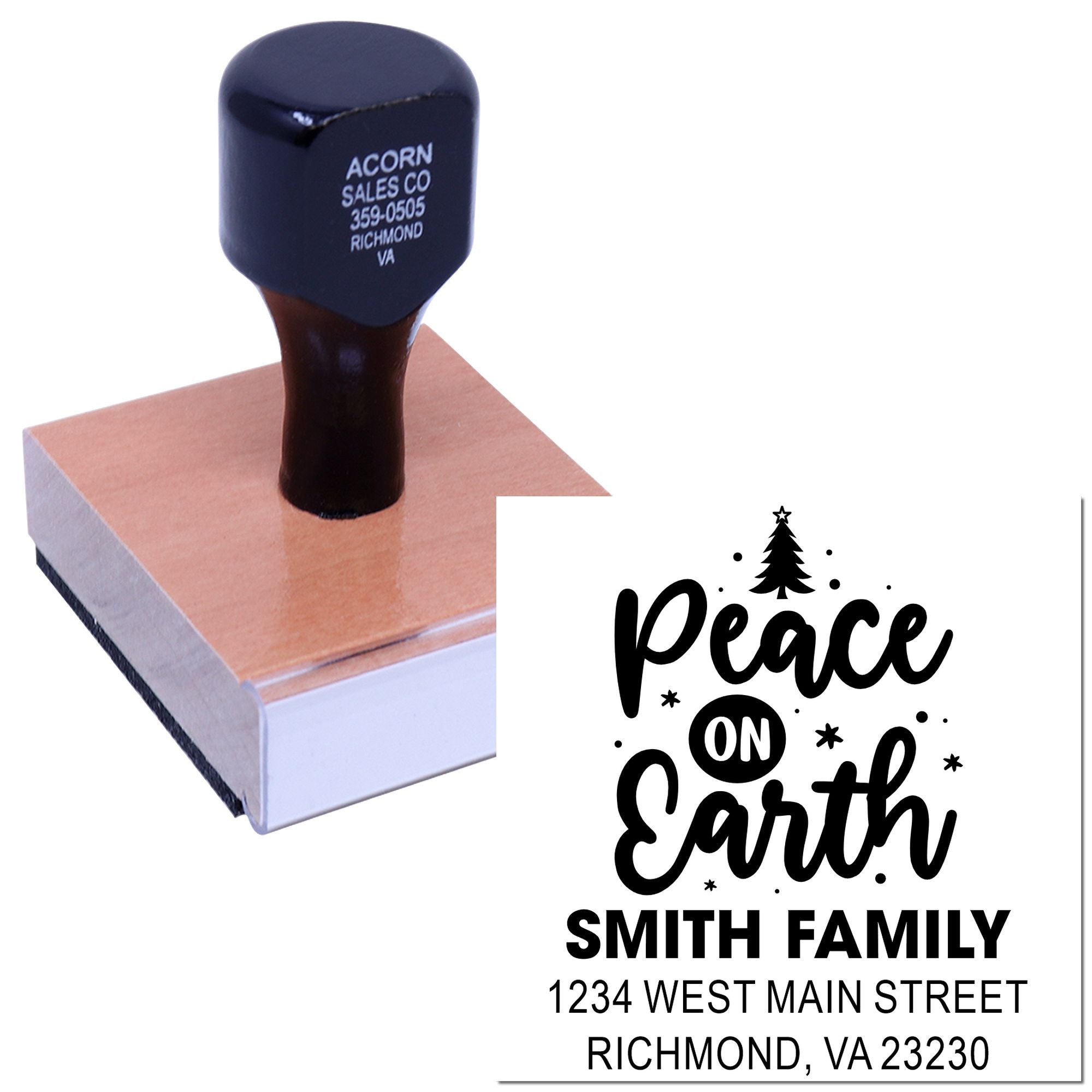 Self-inking rubber stamp showing a custom Peace on Earth return address design for the Smith family.