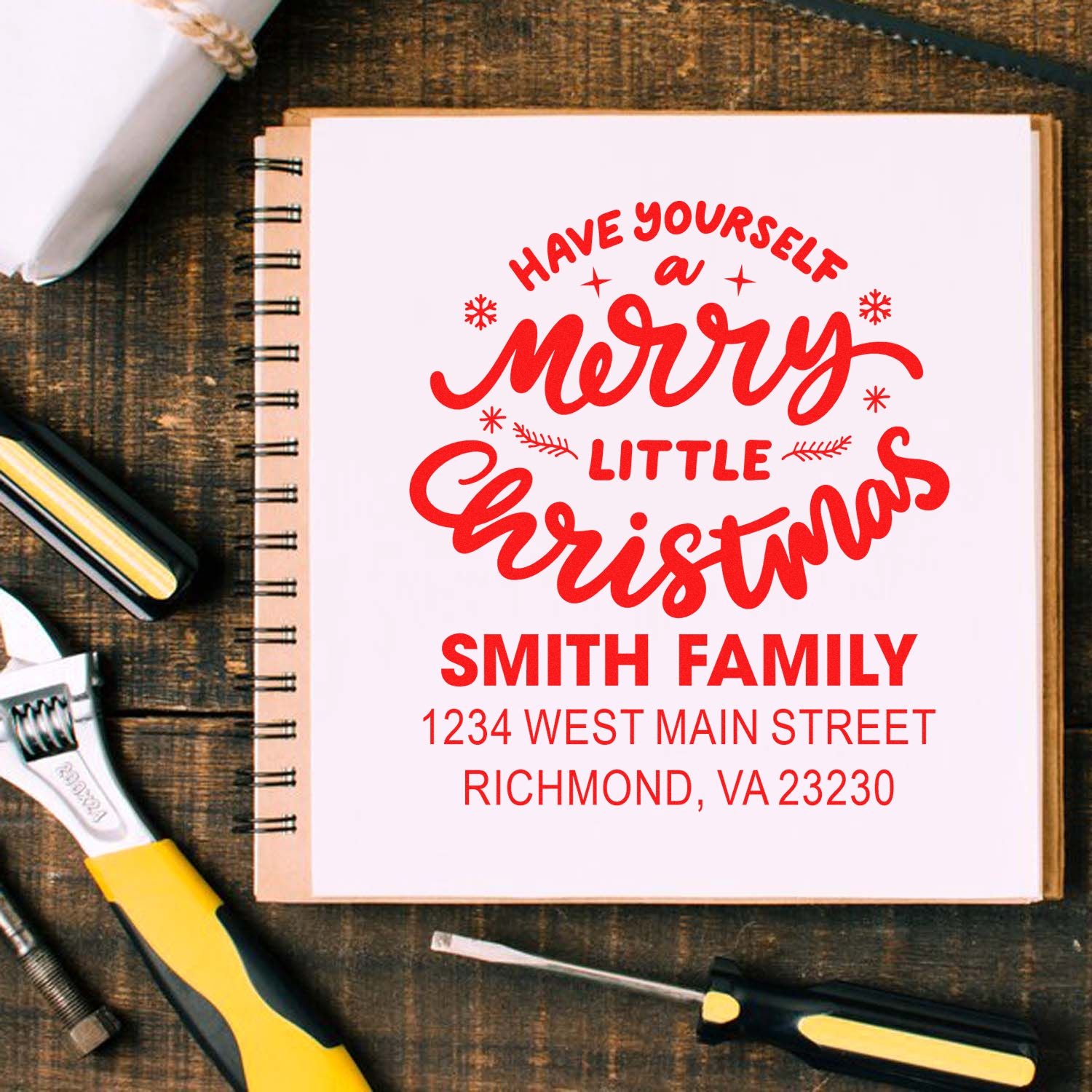 Personalized Christmas return address rubber stamp with Smith Family name and Richmond, VA address for holiday cards