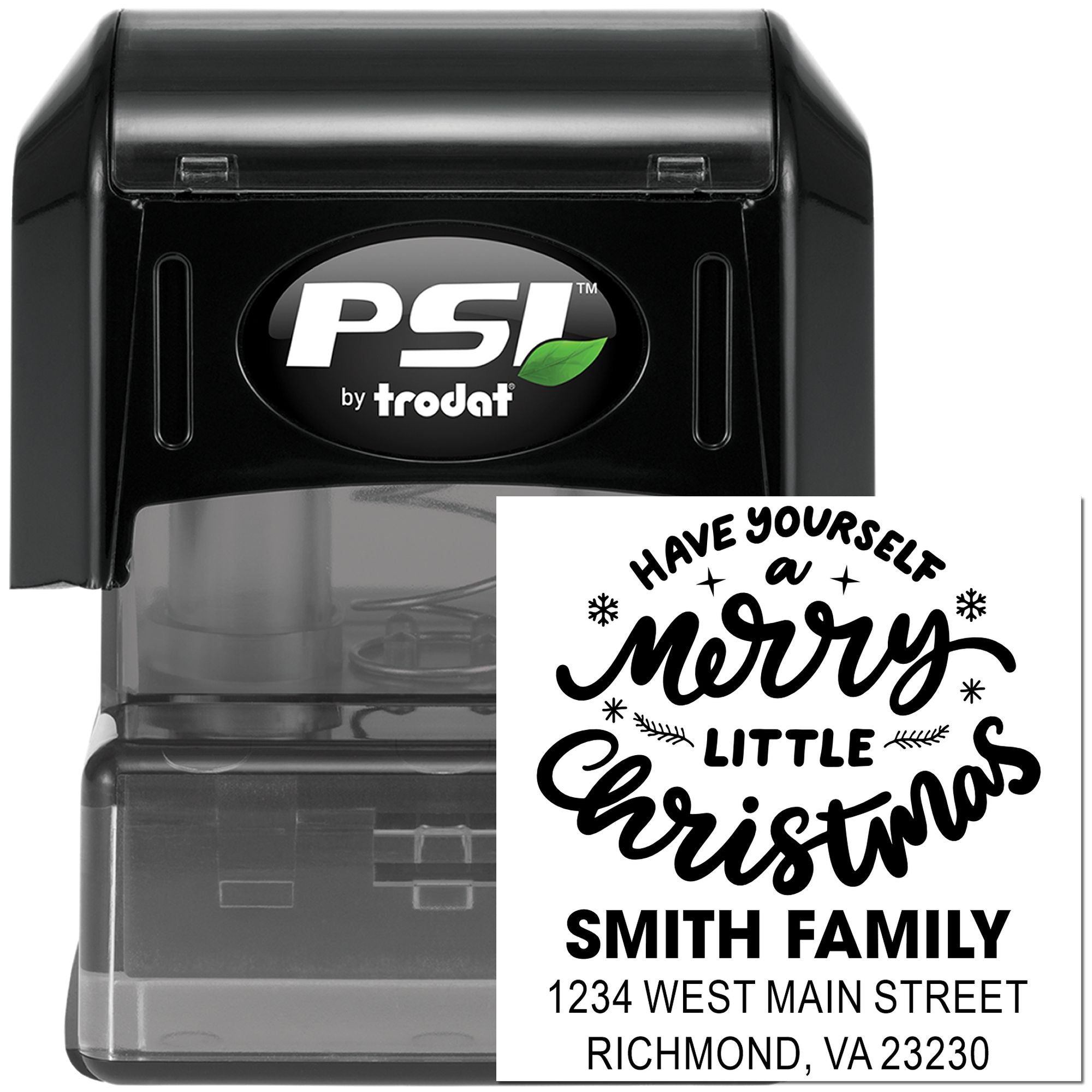 Personalized self-inking rubber stamp with custom Christmas greeting and Smith family return address for holiday cards.