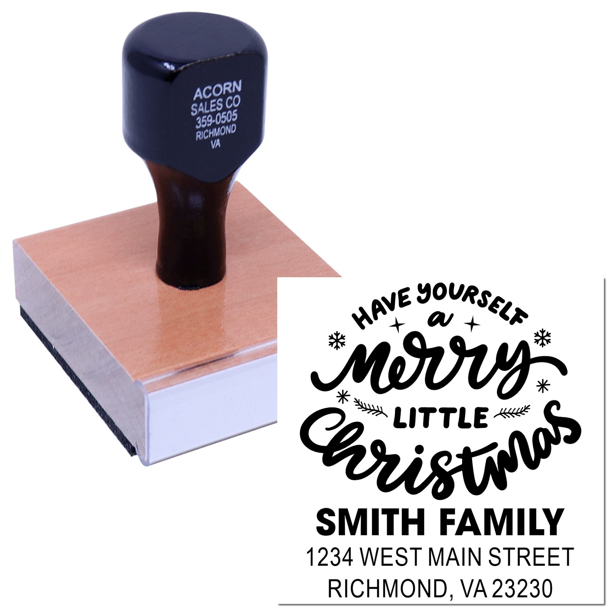Personalized Christmas rubber stamp with Have Yourself a Merry Little Christmas and custom family address for holiday cards.