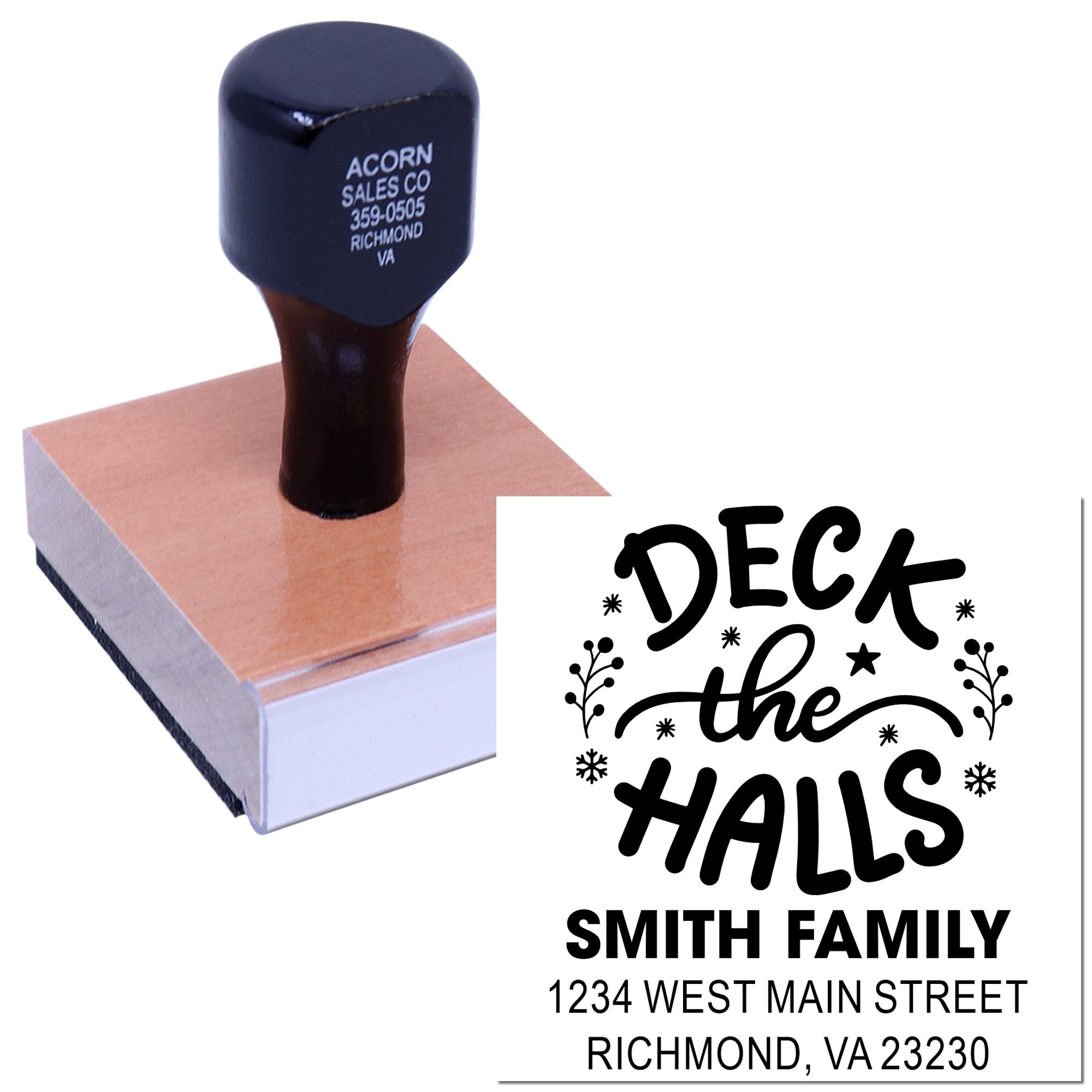 Custom holiday address rubber stamp with "Deck the Halls" design, Smith Family name, and return address imprint.