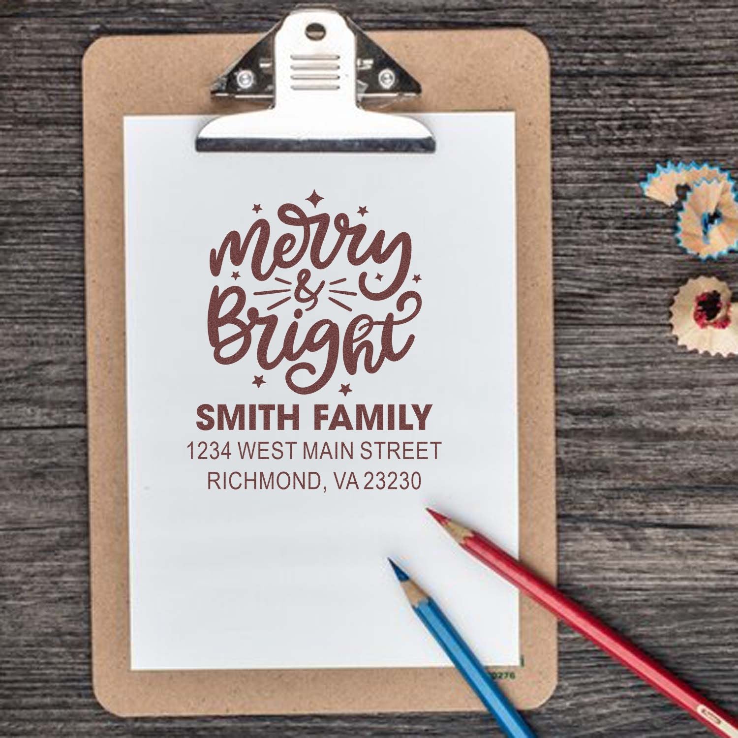 Personalized Merry & Bright holiday return address rubber stamp for Christmas cards and family mail