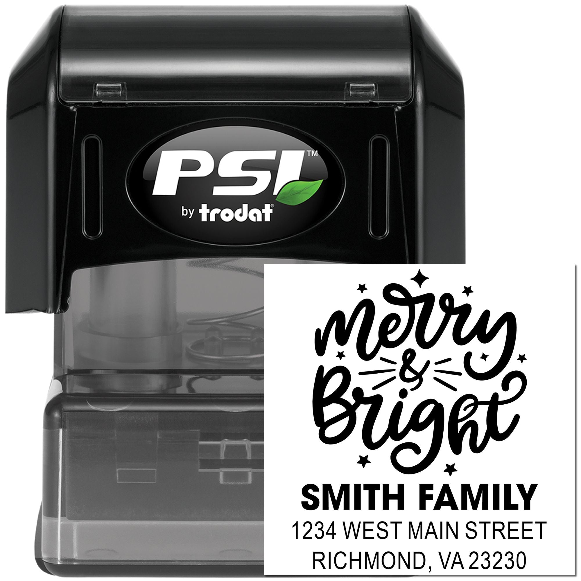 Personalized self-inking rubber stamp with Merry & Bright design, Smith Family name, and return address by PSI by Trodat