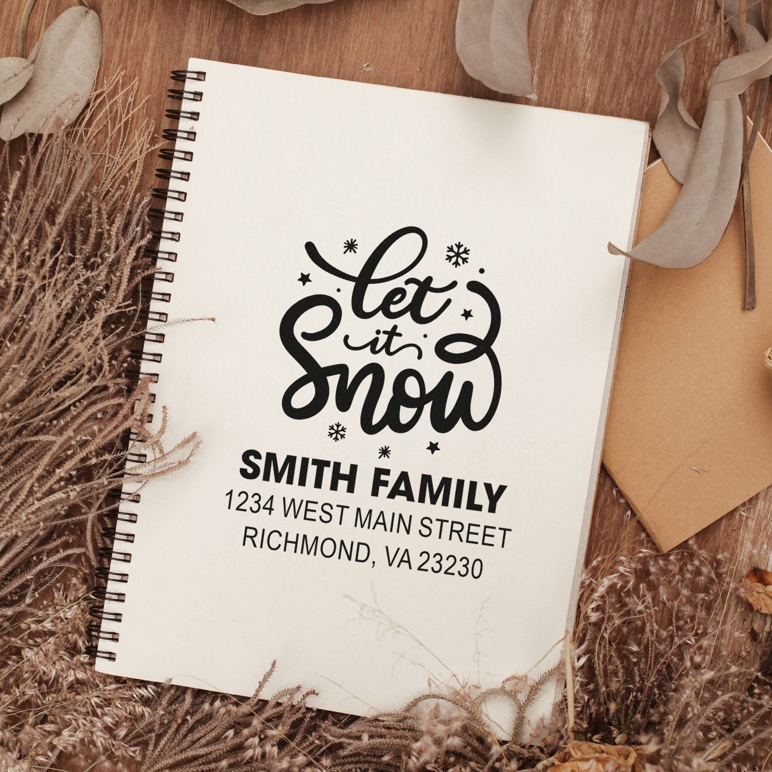 Personalized holiday return address rubber stamp with Let It Snow design for the Smith family, Richmond, VA.