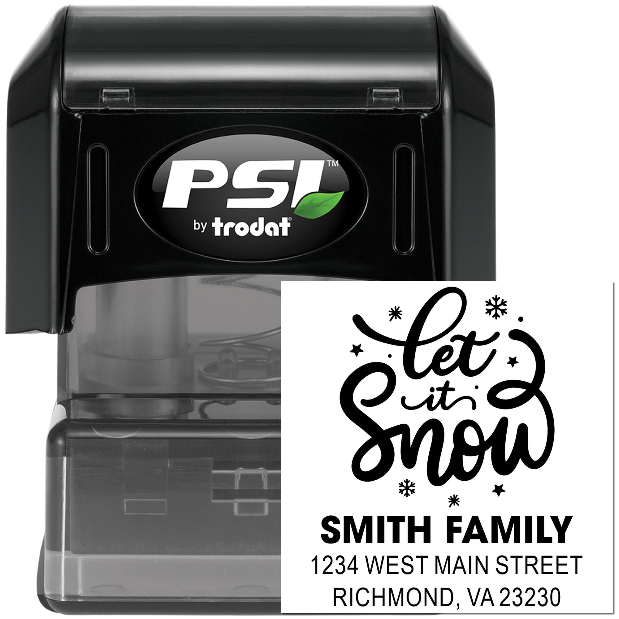 Personalized Let It Snow holiday return address self-inking rubber stamp for Christmas cards, envelopes, and mailing.