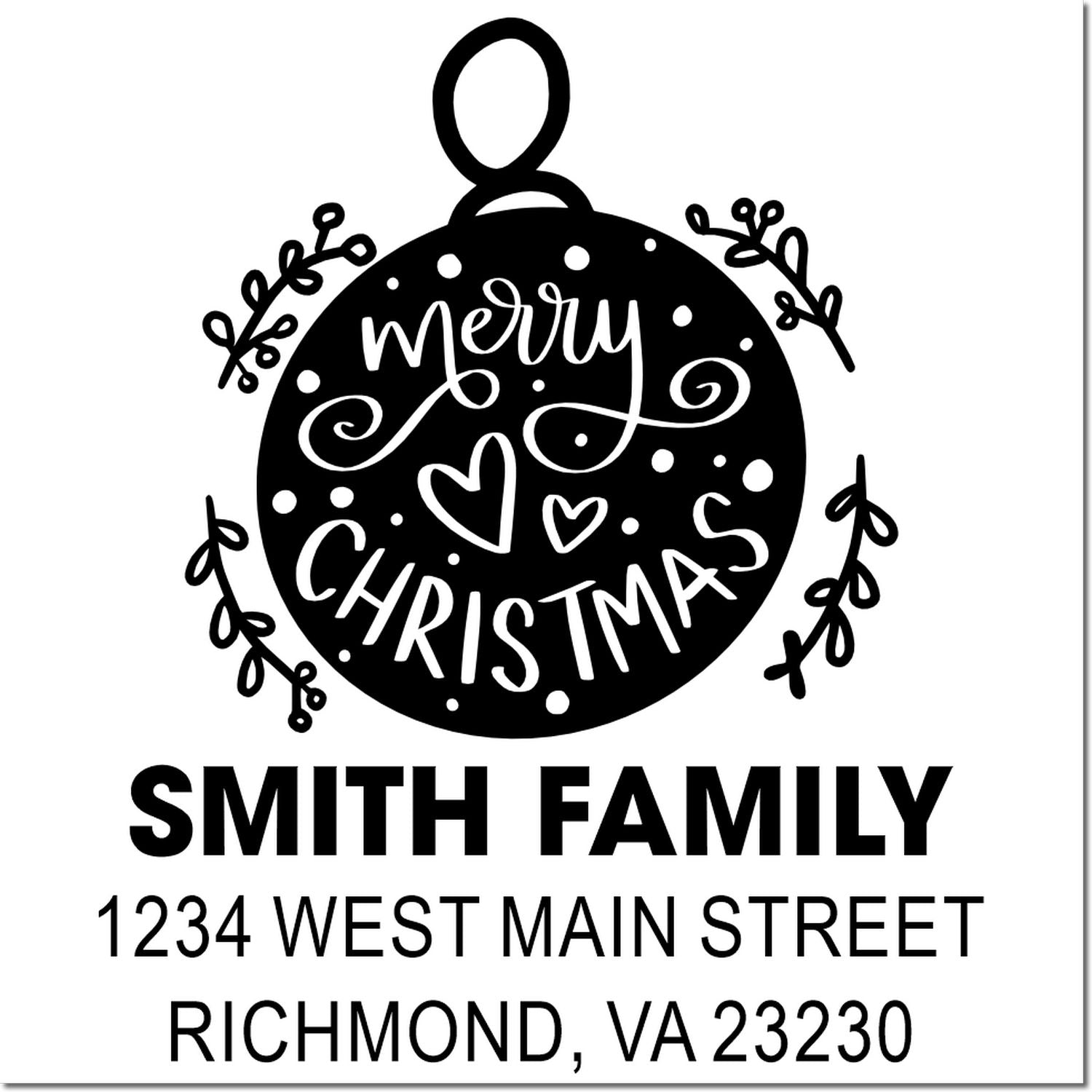Personalized Merry Christmas return address rubber stamp with ornament design for Smith Family, Richmond, VA.