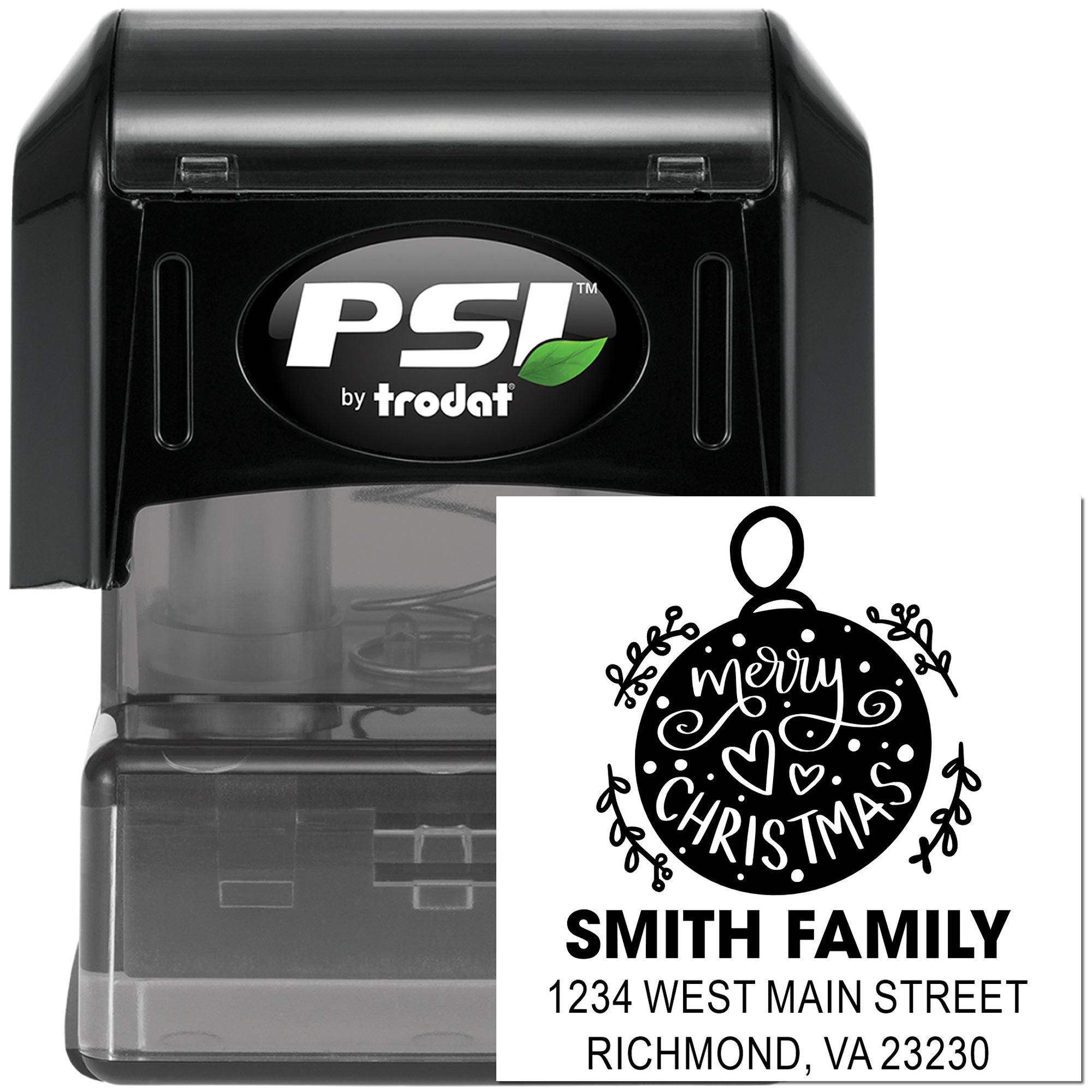 PSI by Trodat self-inking rubber stamp with custom Christmas return address design for Smith Family.
