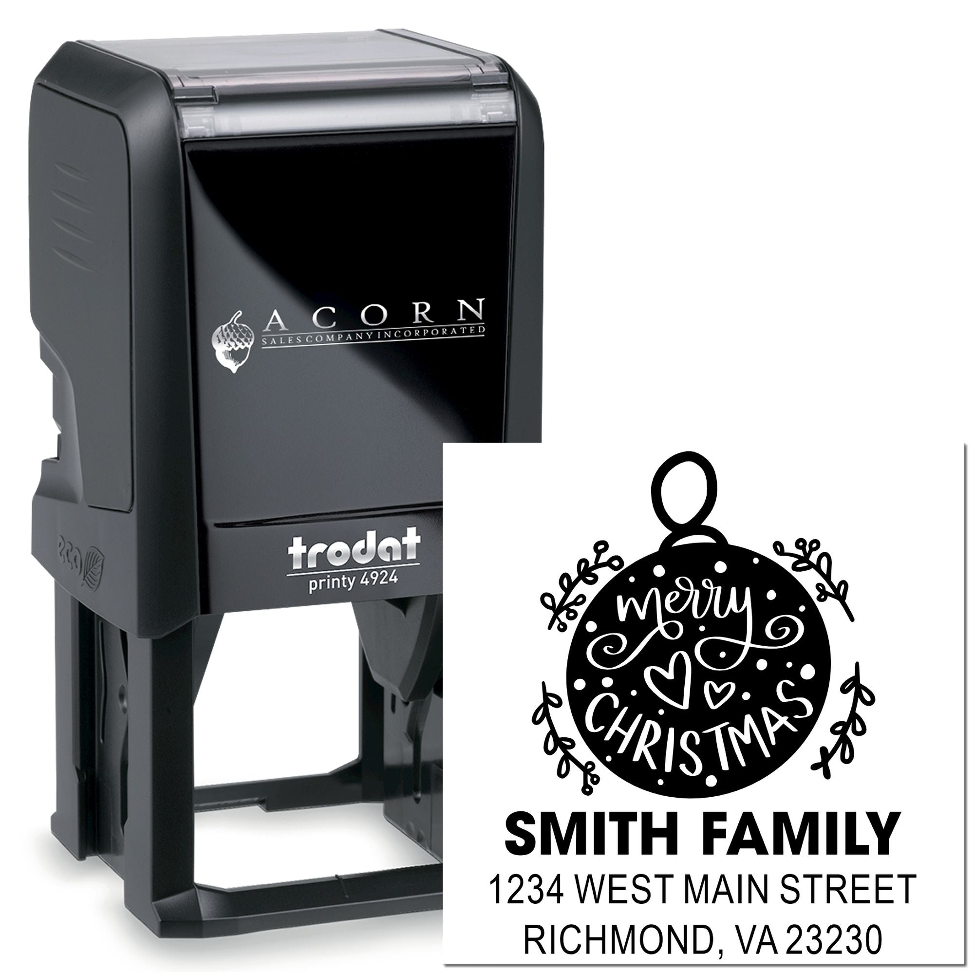 Custom self-inking rubber stamp with Merry Christmas return address design for Smith Family, ideal for holiday mailing and cards.