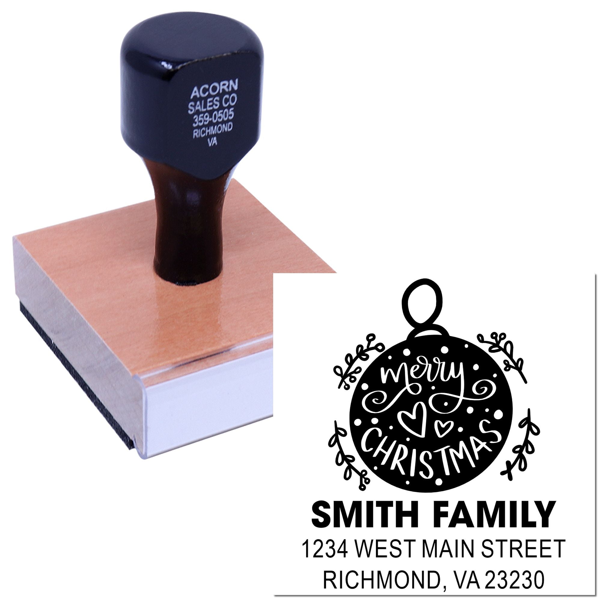 Personalized Christmas address rubber stamp with ornament design, custom family name and mailing address for holiday cards.