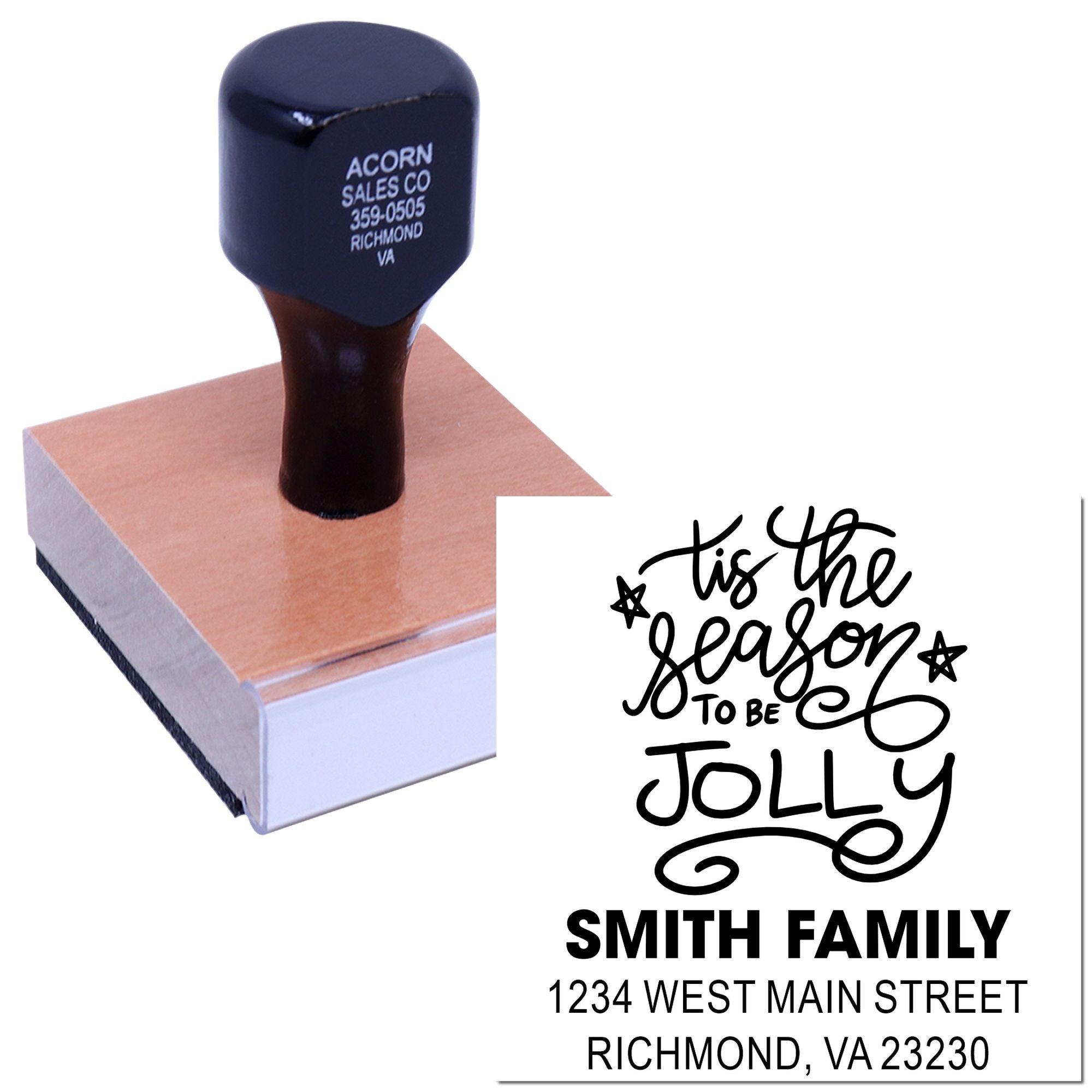 Custom rubber stamp with holiday return address design, featuring Tis the Season to Be Jolly for Smith family mailings.