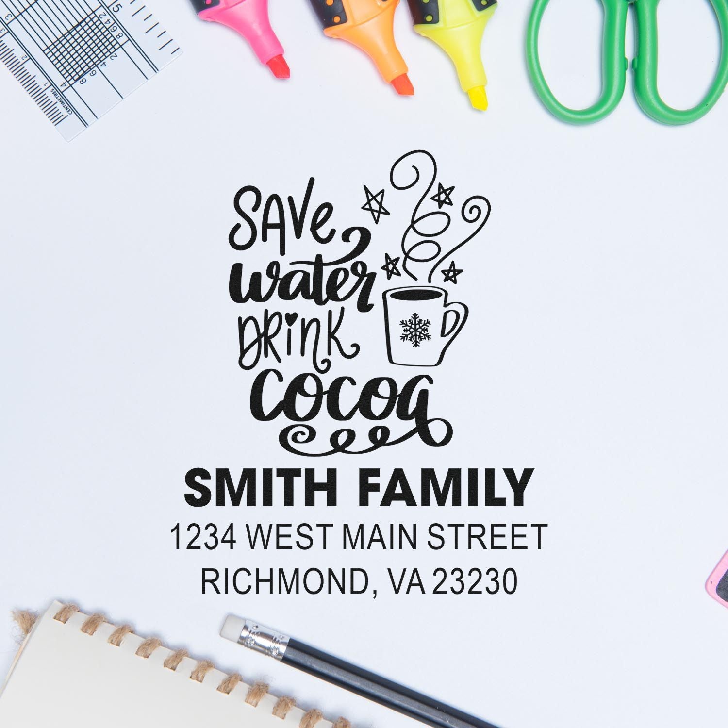Personalized family return address rubber stamp with Save water drink cocoa holiday mug design