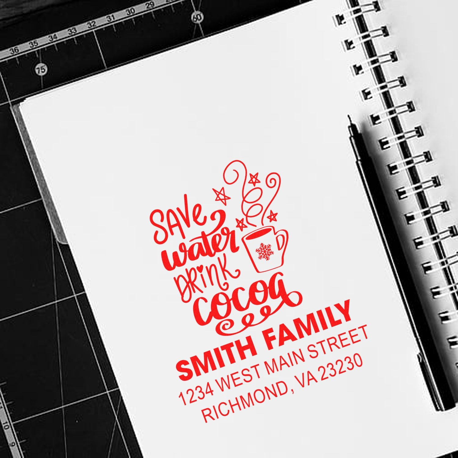 Custom holiday rubber stamp with Save Water Drink Cocoa message, Smith Family name, and address for festive mailings.