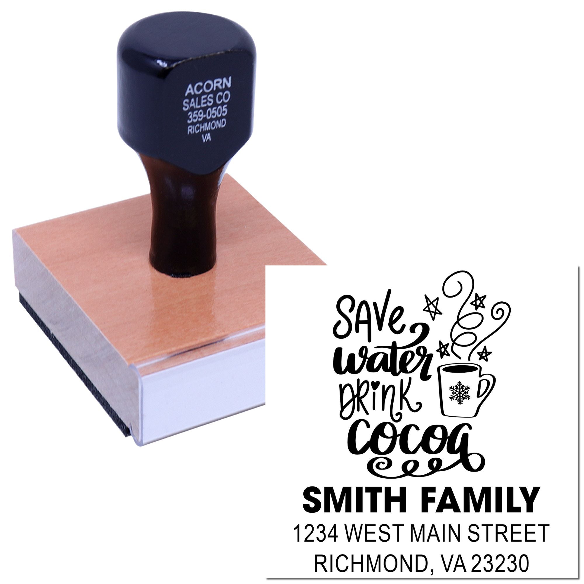 Personalized rubber stamp with Save Water, Drink Cocoa design and Smith Family return address for custom holiday cards.