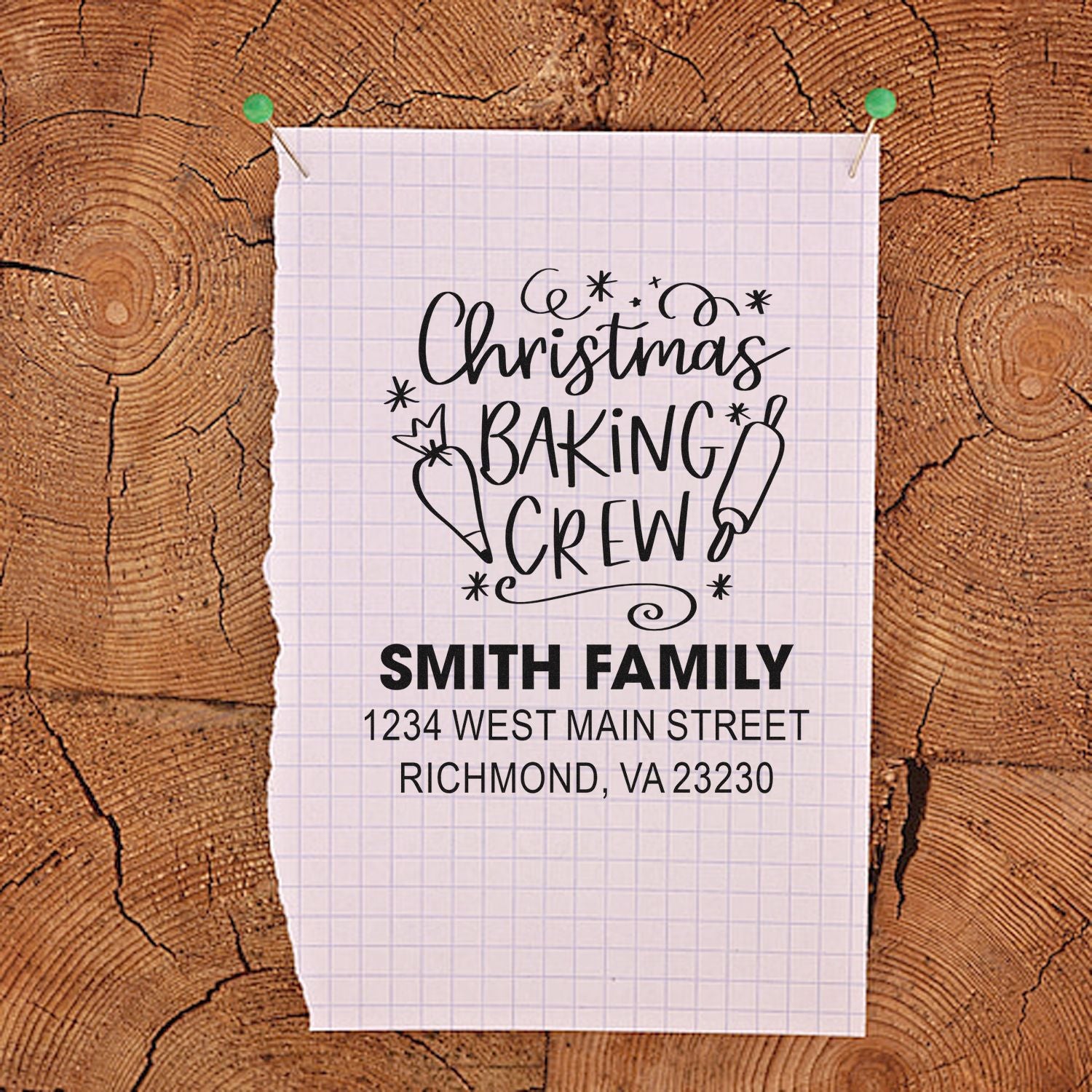 Personalized Christmas Baking Crew rubber stamp mockup with family name and address for holiday cards, gifts and baking.
