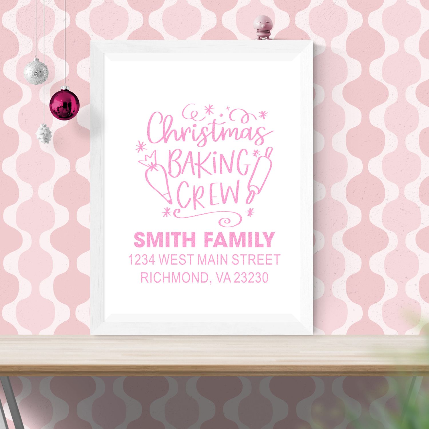 Custom Christmas Baking Crew address stamp mockup for holiday cards, gifts, and baked goods.