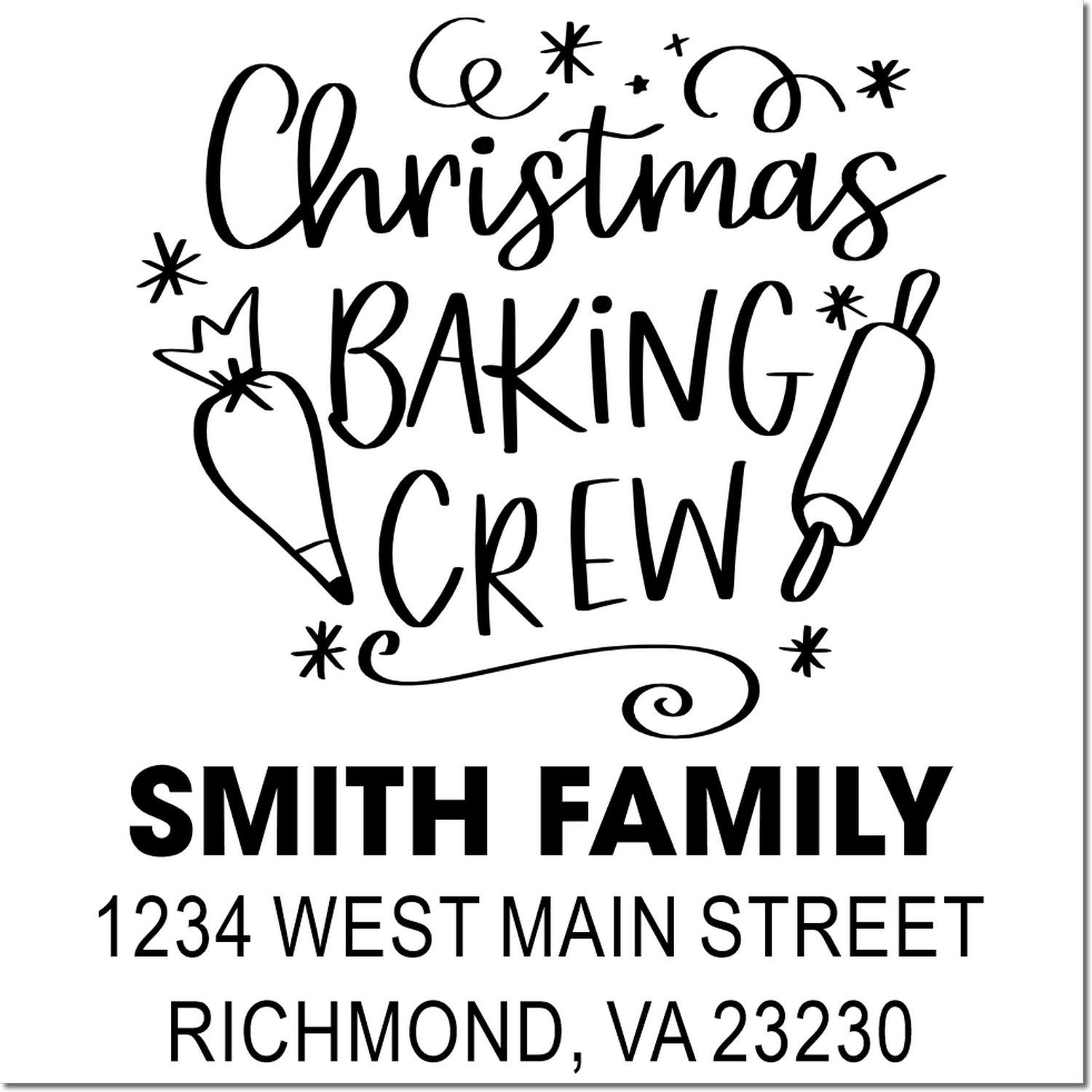 Custom Christmas baking crew rubber stamp with Smith Family return address for holiday cards, gifts, and festive packaging.