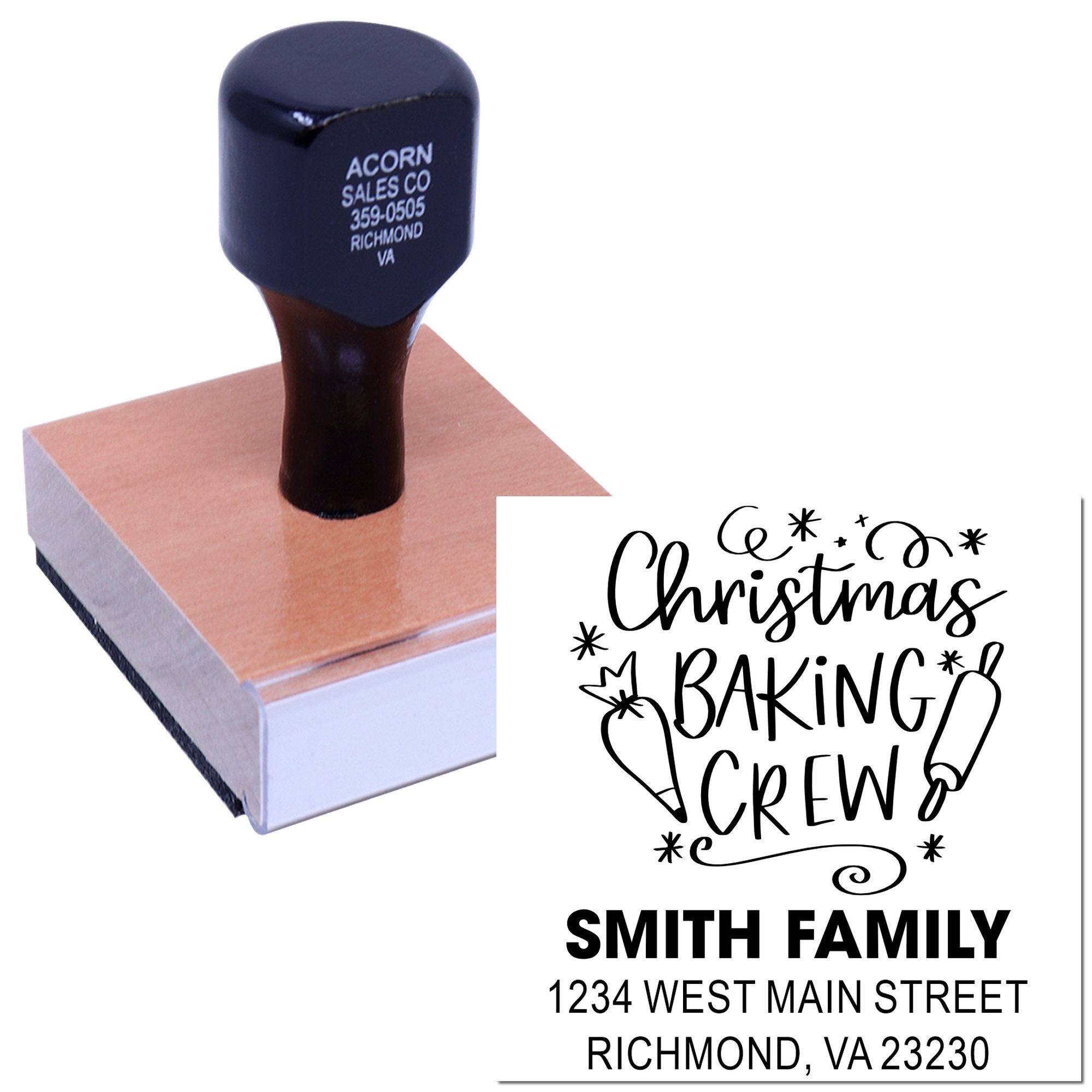 Custom Christmas Baking Crew rubber stamp with Smith Family name and Richmond, VA address.