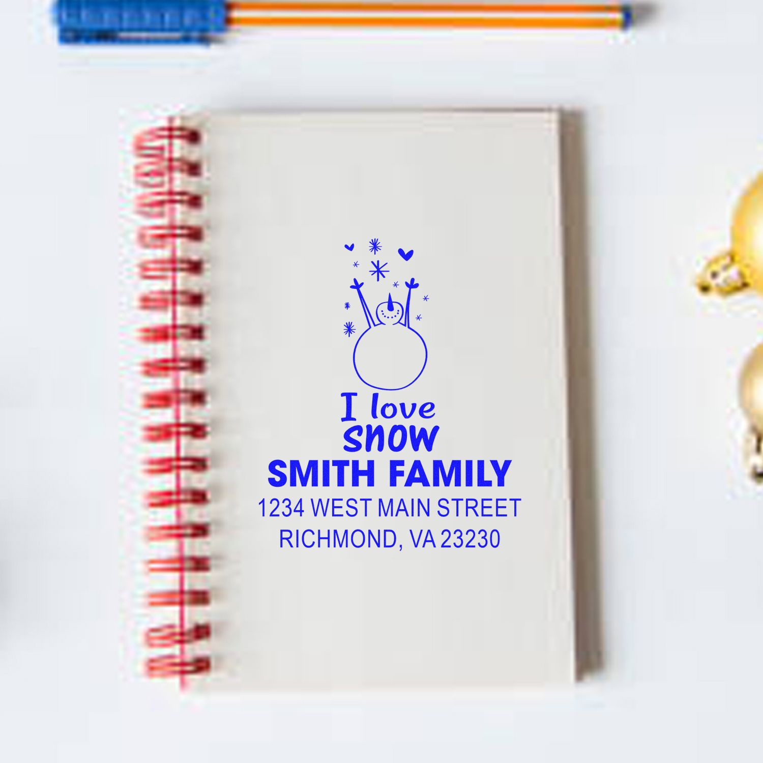 Personalized snowman address rubber stamp for Smith Family holiday stationery, Richmond, VA.