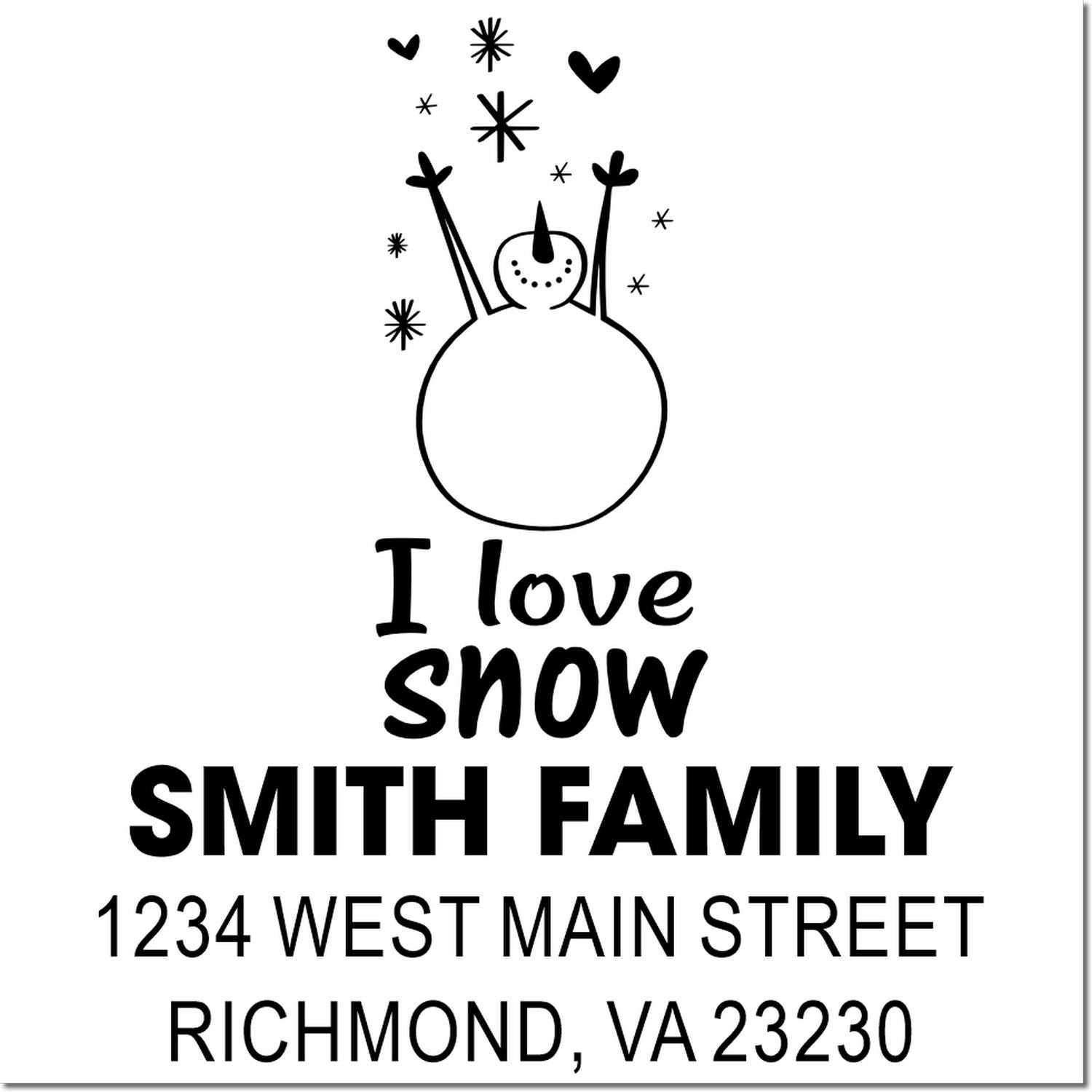 Custom snowman family return address rubber stamp for winter holiday mail with personalized name and Richmond, VA address.