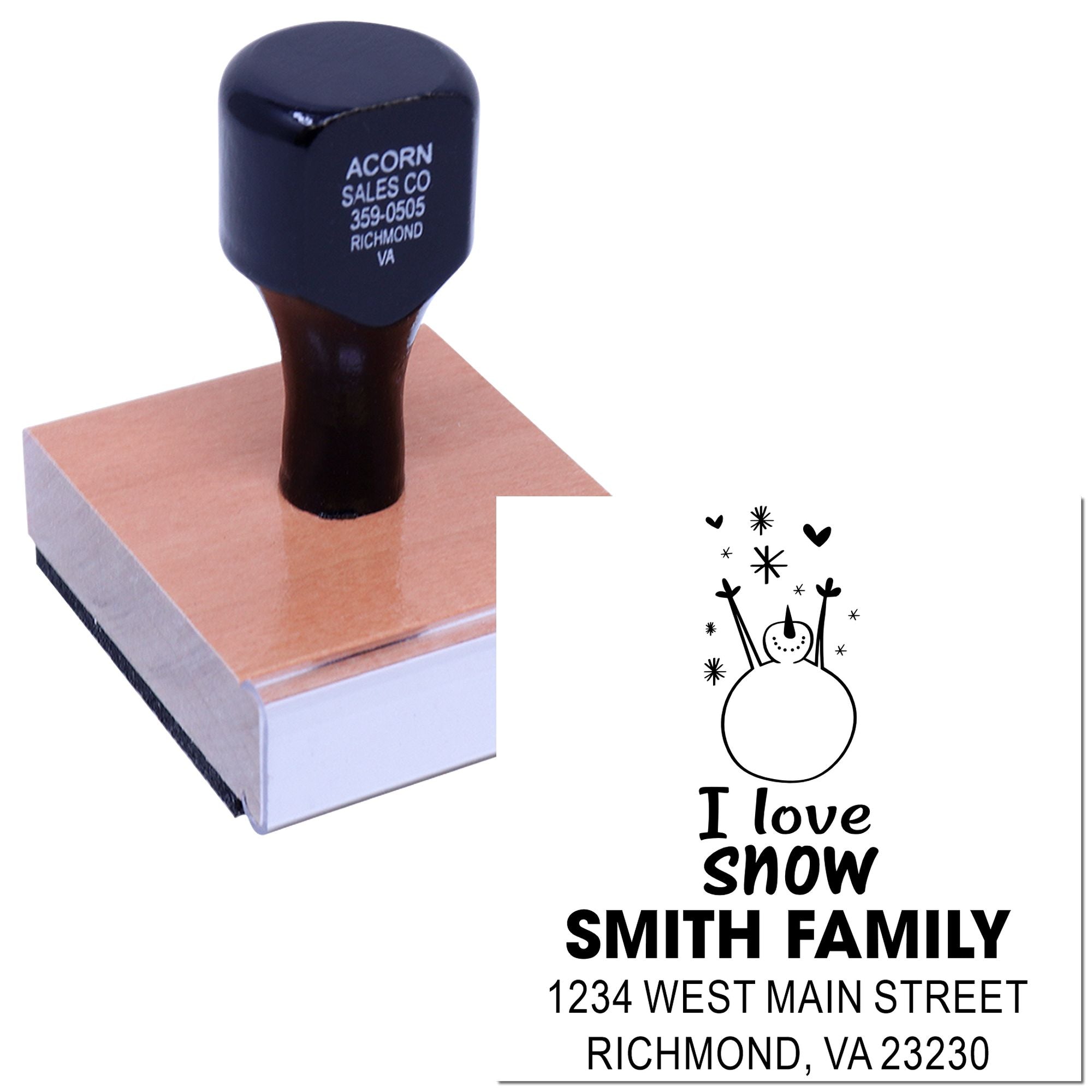 Custom rubber address stamp with snowman I love snow design and Smith family address for holiday envelopes.