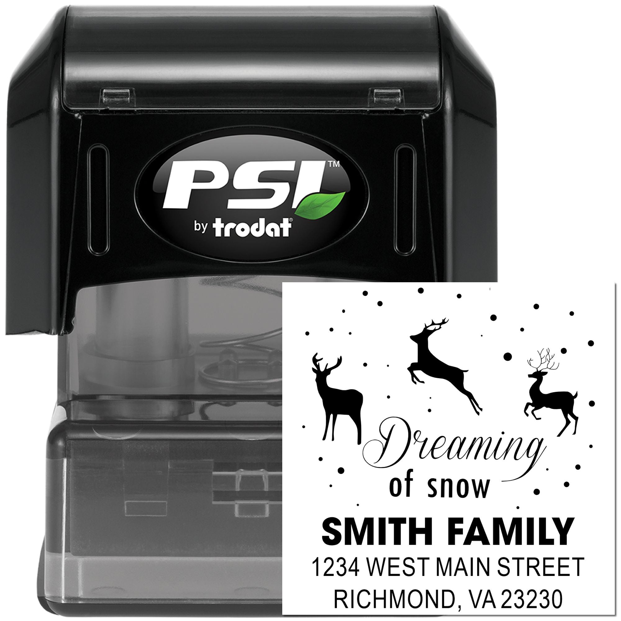 Custom self-inking winter address rubber stamp with deer, Dreaming of Snow, Smith family name, and return address.
