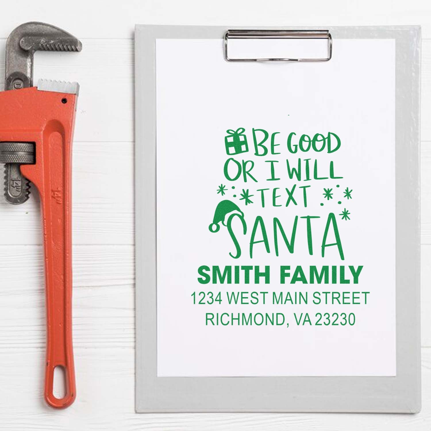 Custom rubber stamp with Be Good or I Will Text Santa and Smith family return address in Richmond, VA.
