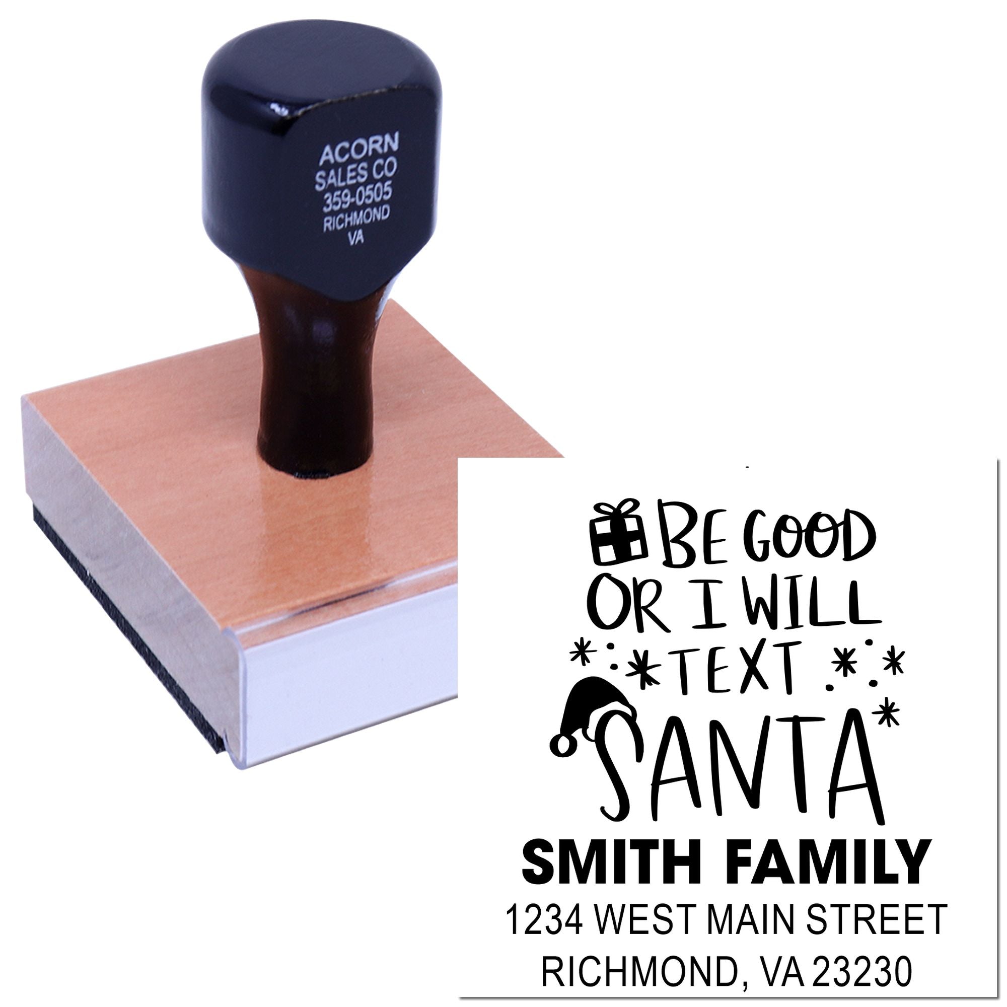 Personalized holiday address rubber stamp with Be Good or I Will Text Santa design for Smith Family.