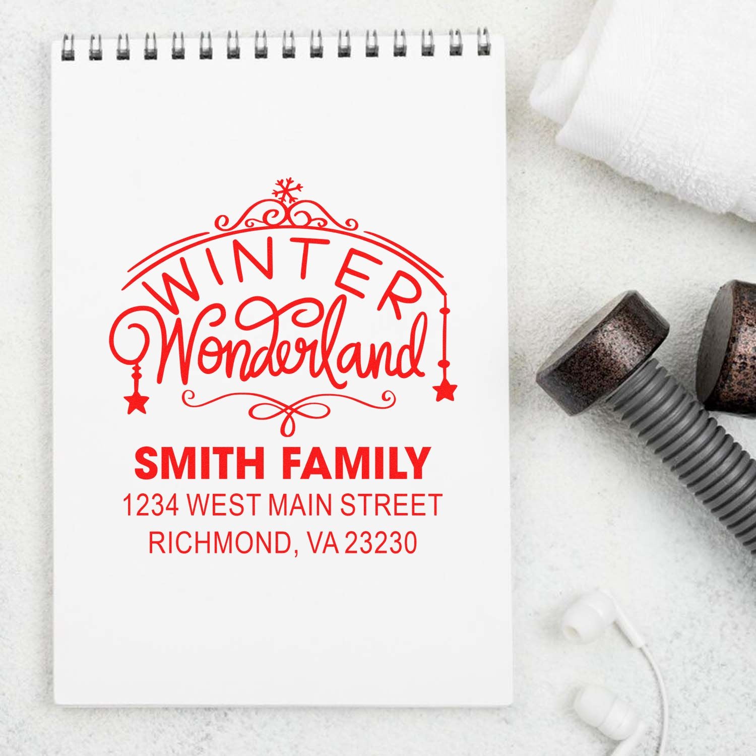 Custom Winter Wonderland return address rubber stamp for Smith family, featuring festive holiday design and address text.