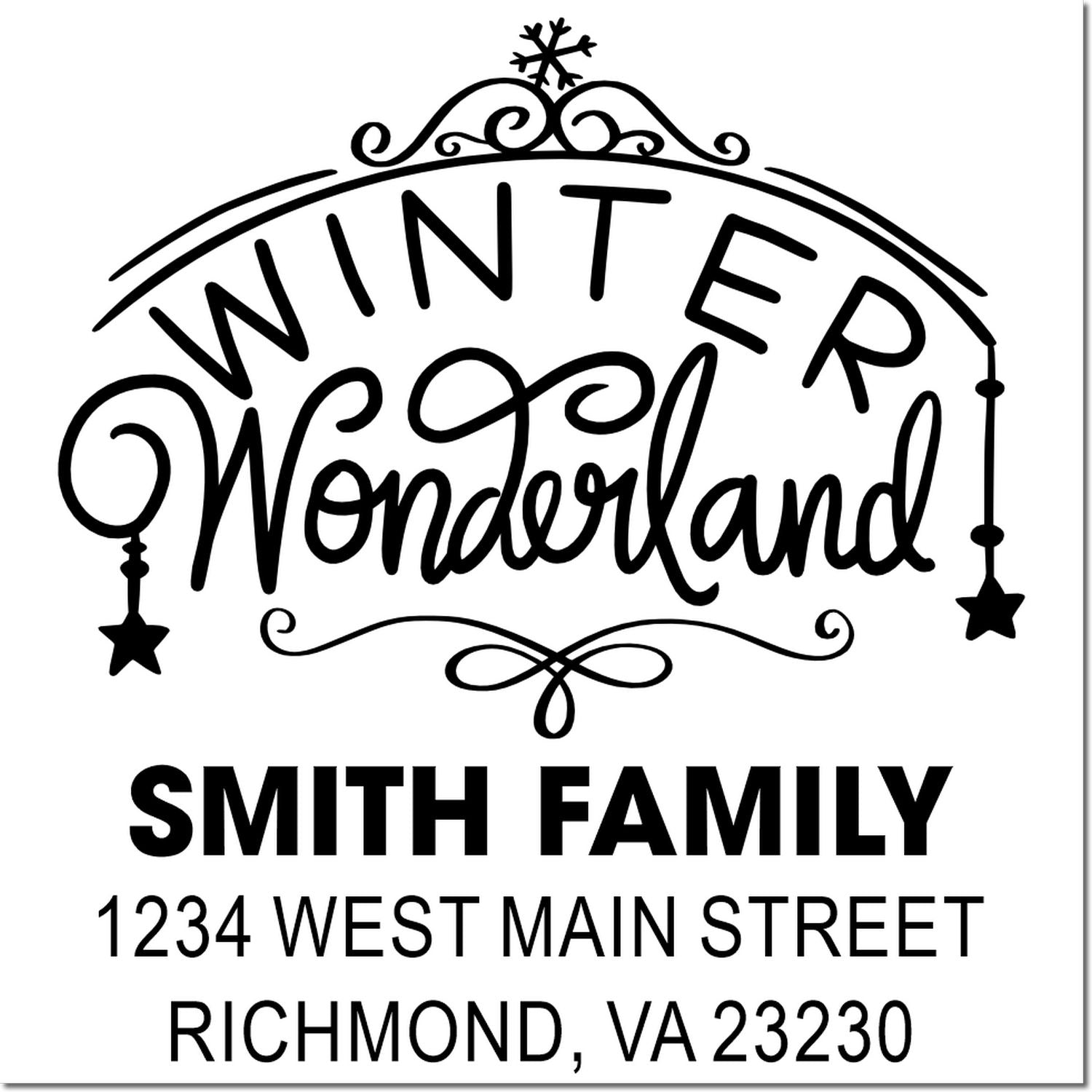 Custom Winter Wonderland rubber stamp with Smith Family return address, 1234 West Main Street, Richmond, VA 23230, holiday design.