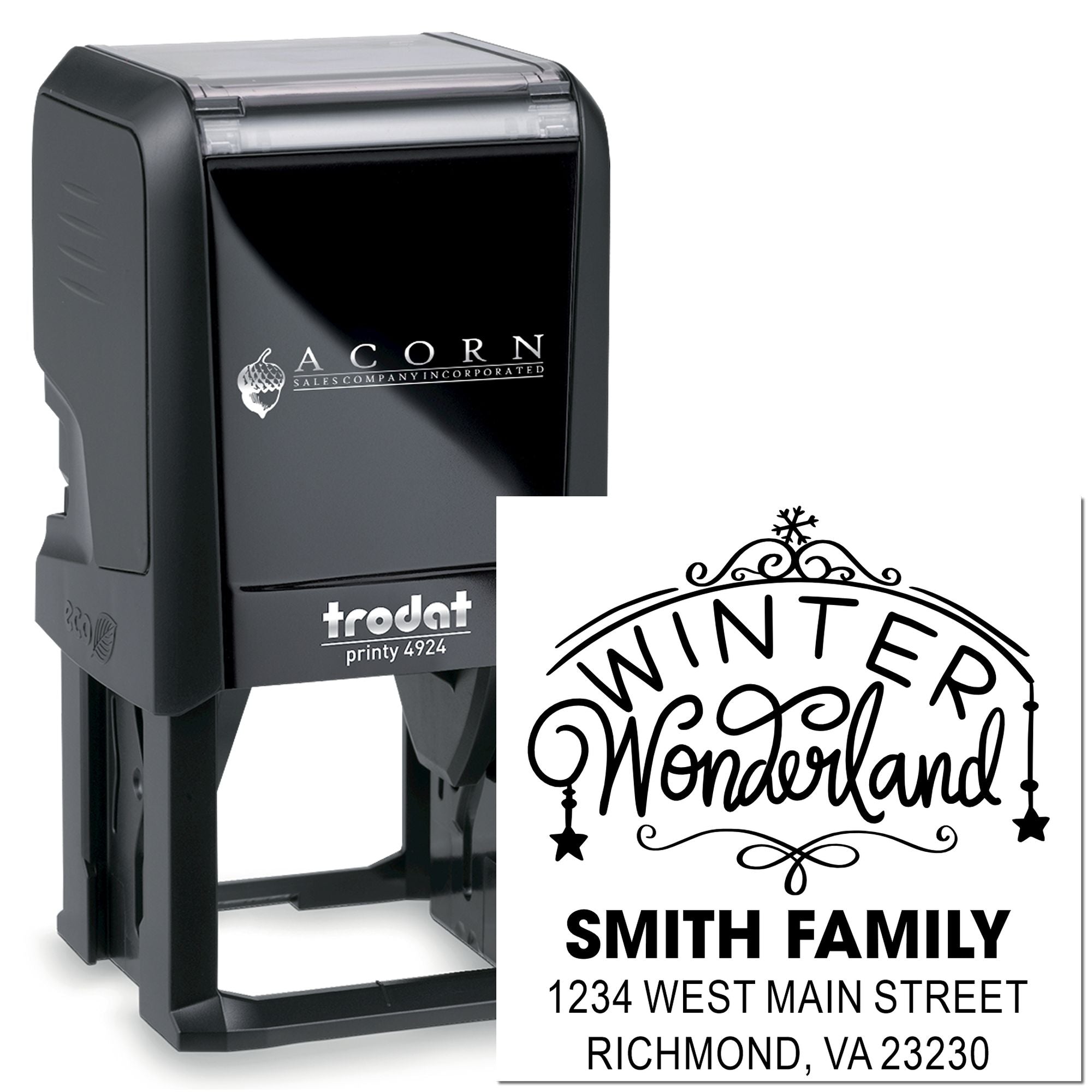 Custom self-inking rubber address stamp with Winter Wonderland Smith Family holiday design for mailings and invitations.
