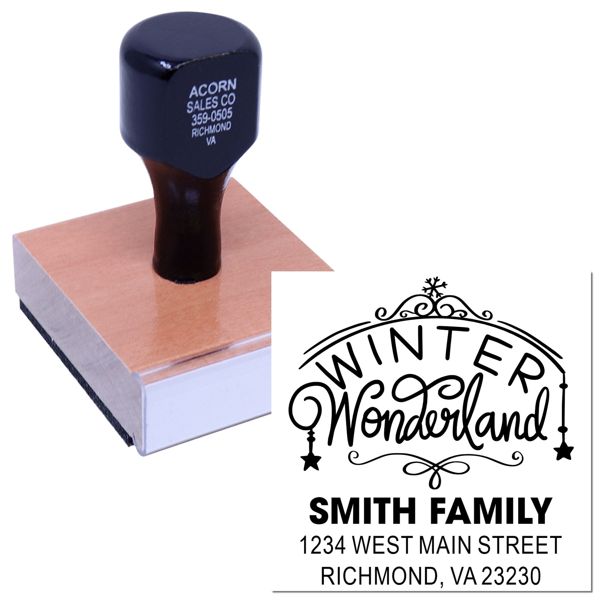 Custom Winter Wonderland family address rubber stamp for personalized holiday envelopes and seasonal mailings.